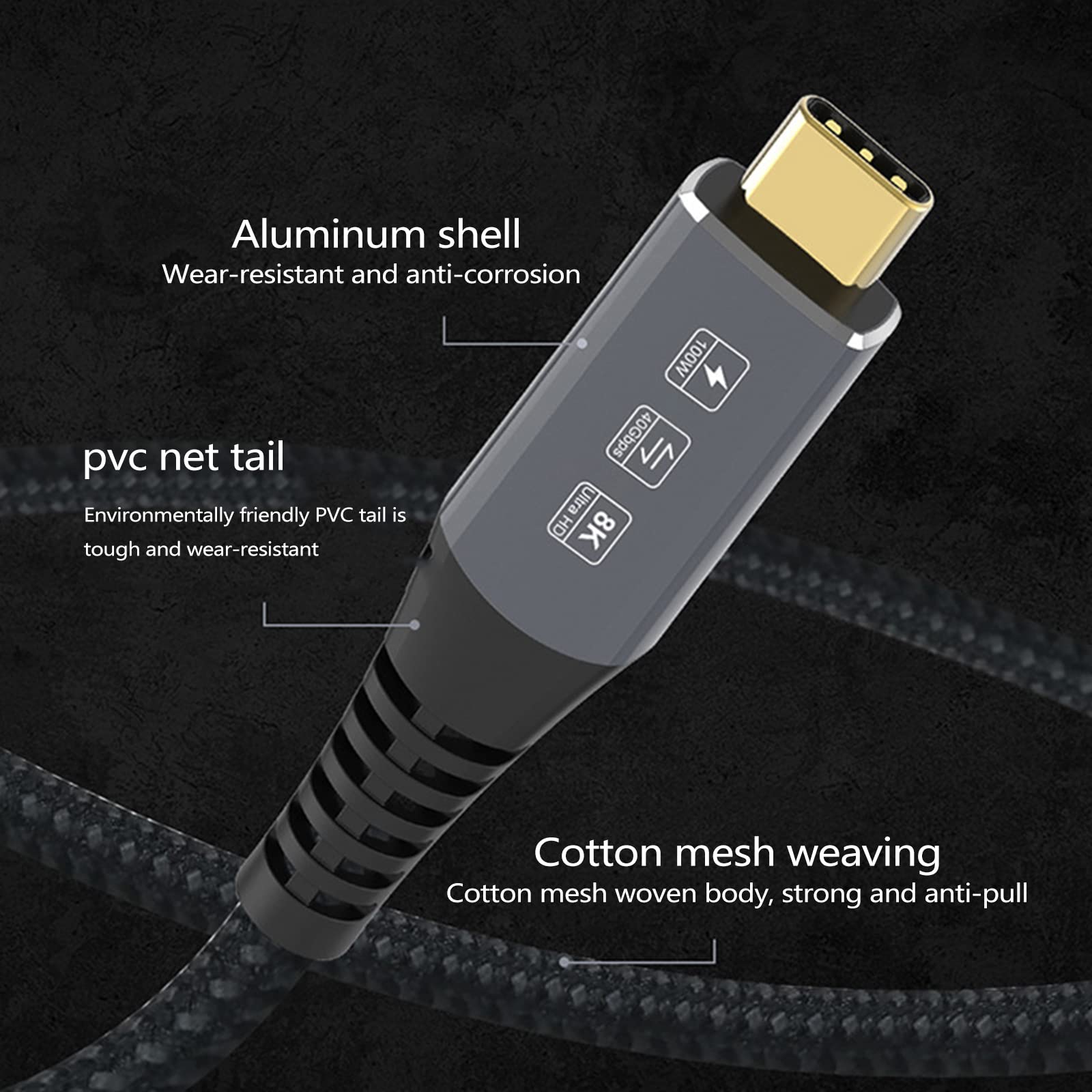 Cable trenzado tipo C compatible con carga rápida de 100 W, transmisión de datos de 40 Gbps