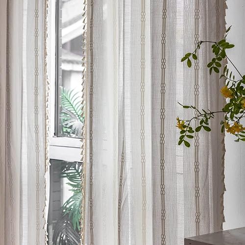 Miniatura 4 de TOPSMCHER Cortinas bohemias para sala de estar, 63 pulgadas, cortinas filtrantes para dormitorio, cortinas rústicas de lino de algodón con bordado,