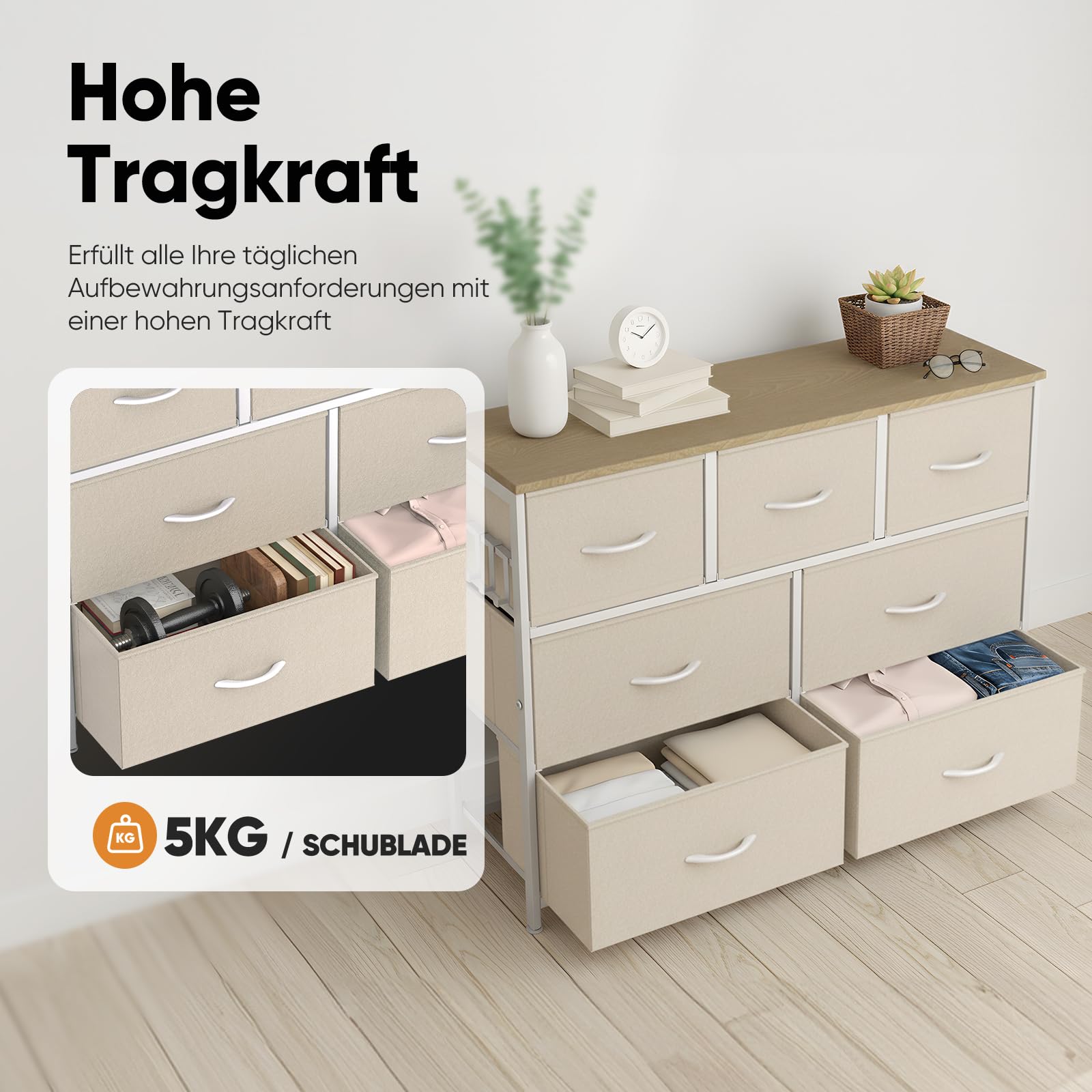 HOKEEPER Kommode 7 Schubladen Stoffbezug | Stoffschubladen, Holz, mit Schubladen, für Küche, für Schlafzimmer, für Flur, Beige, weiche Stoffschubladen