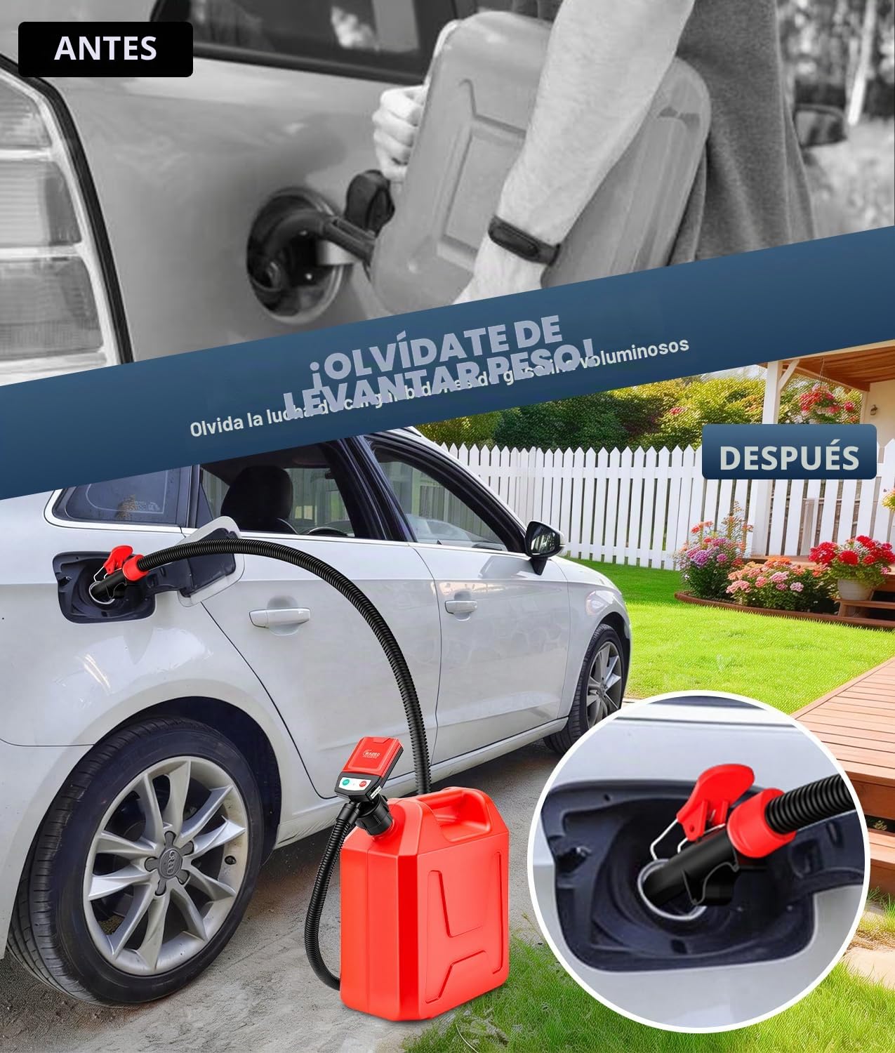 WADEO Bomba de trasiego de combustible con sensor de parada automática, bomba de combustible con 4 adaptadores para depósito y manguera de 1,3 m, bomba eléctrica para gasolina, diésel y aceite