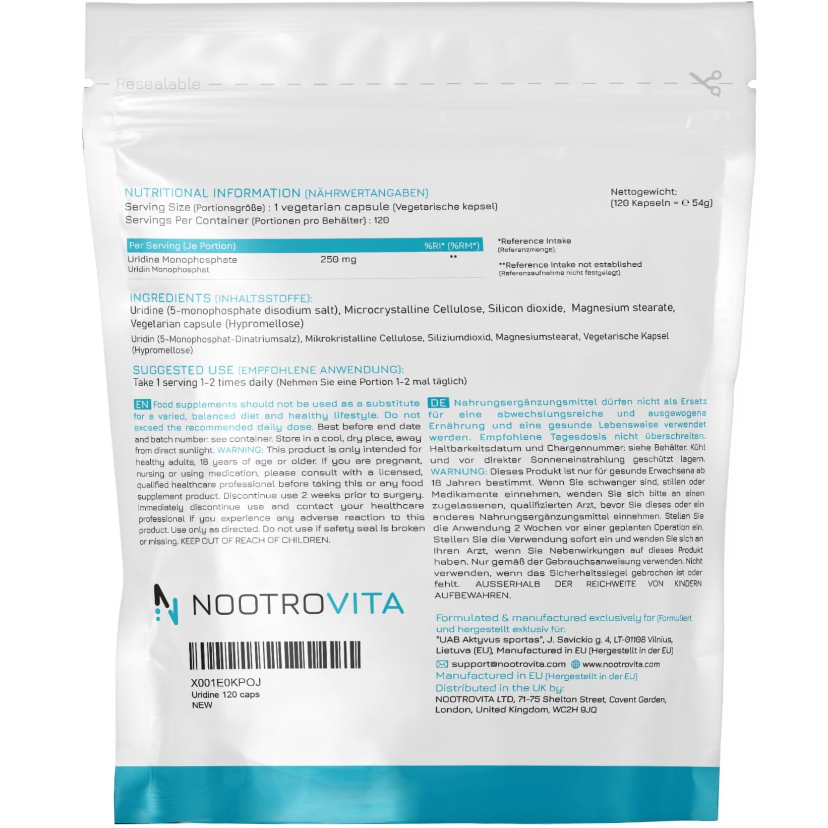 Uridinmonophosphat 250 mg - 120 Kapseln - Für Gedächtnis, Lernen & Konzentration - Unterstützt Stimmung & Kognitive Funktion - Vegan, Uridine Monophosphate - EU-Qualität - Nootrovita