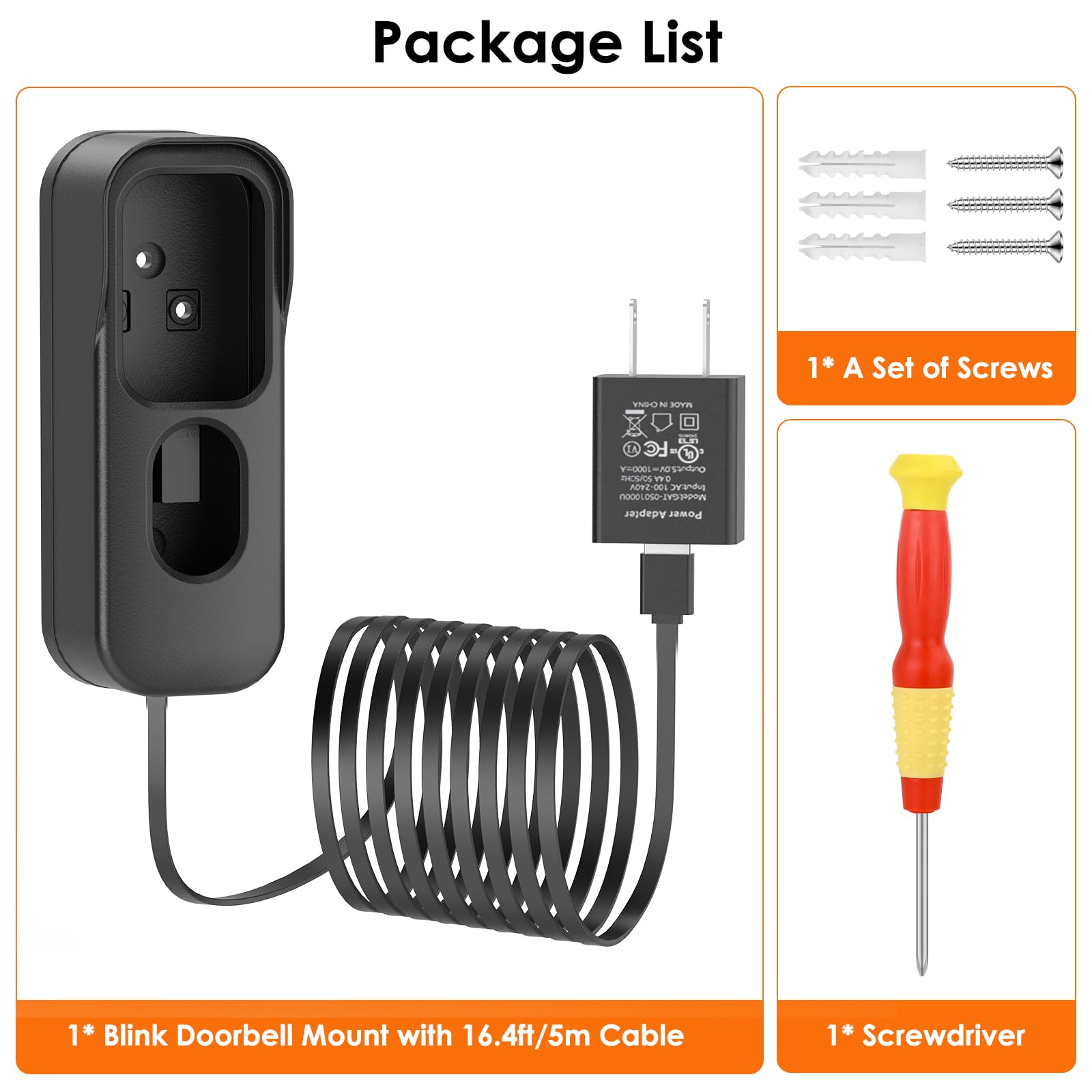Câble de charge 2 en 1 avec adaptateur et support de sonnette adhésif sans perçage pour sonnette vidéo Blink (2e génération) - Version 2025, transformateur de sonnette avec cordon d'alimentation