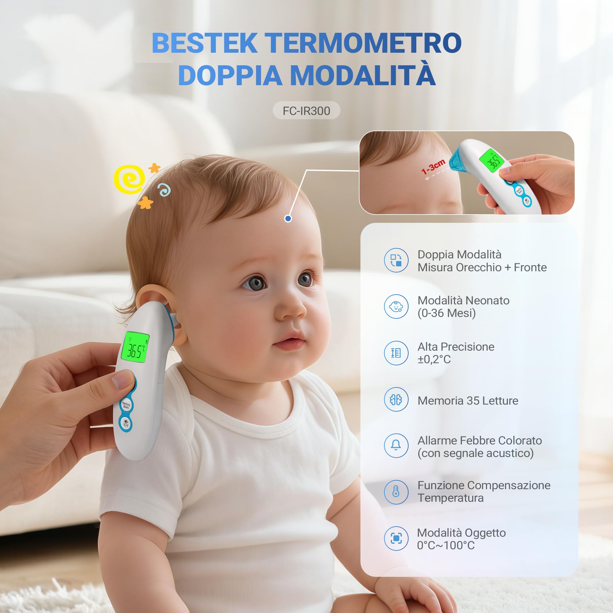 BESTEK Termometro Febbre Doppia Modalità (Frontale/Auricolare),Termometro Neonato per Oggetti, Termometro Digitale Ambiente e con Funzione Neonato 0-36 Mesi