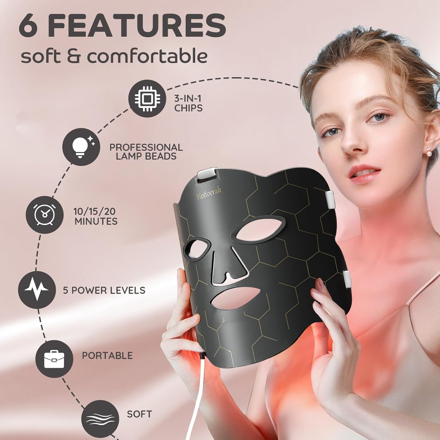 Red Light Mask, 7 Color LED Face Mask Light 4-in-1 Chip with 850 nm Near Infrared Light for Home
