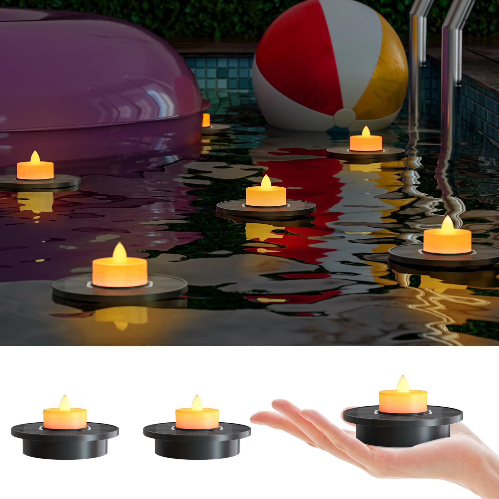 Floating Pool Lights, 3 Pack Solar Candles Outdoor Waterproof IP66 Tea Lights Battery Operated for Swimming Pool, Pond, Event, Party. (3 Piece)-image-13