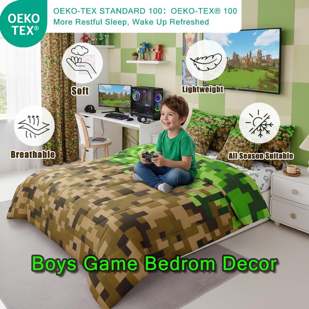 Miner Style Square Grid 7Pcs Comforter Set Full Size,Brown Green Army Camo Bedding Set for Kids Boys Teens Men Room Decor,Cartoon Gamepad Reversible Bed in a Bag Pixelated Games Flat Fitted Sheet