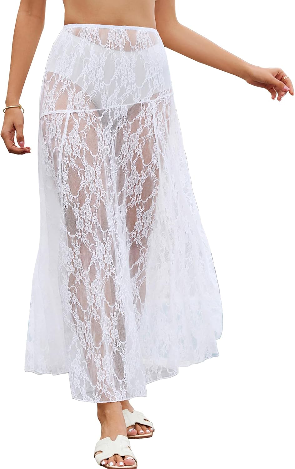 Bsubseach Women Summer Lace Maxi Skirt Elastic Waist Sheer Beach Cover Up Long Skirts