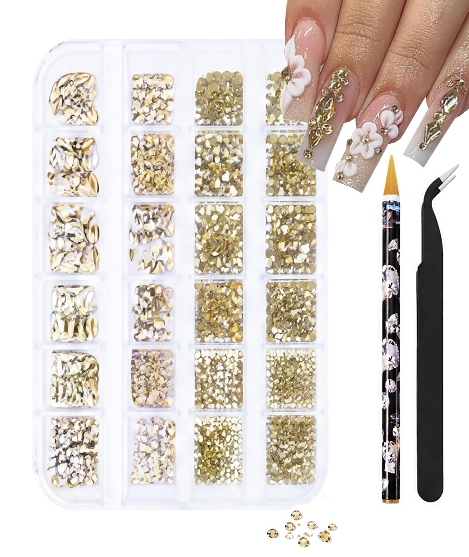 3D Multi-Shape Champagne Gold Nail Rhinestones Kit, Flat Back Crystal Nail Gems with Tweezer and Rhinestone Pen, Mixed Size Shiny DIY Accessories for Nail Art Makeup Craft Decor-image-49