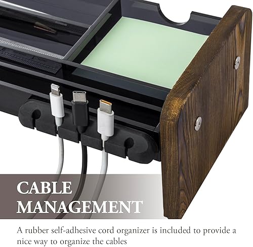 Miniatura 2 de MyGift Bandeja de almacenamiento de escritorio de acrílico gris oscuro de alta calidad con patas laterales rústicas de madera maciza quemada,