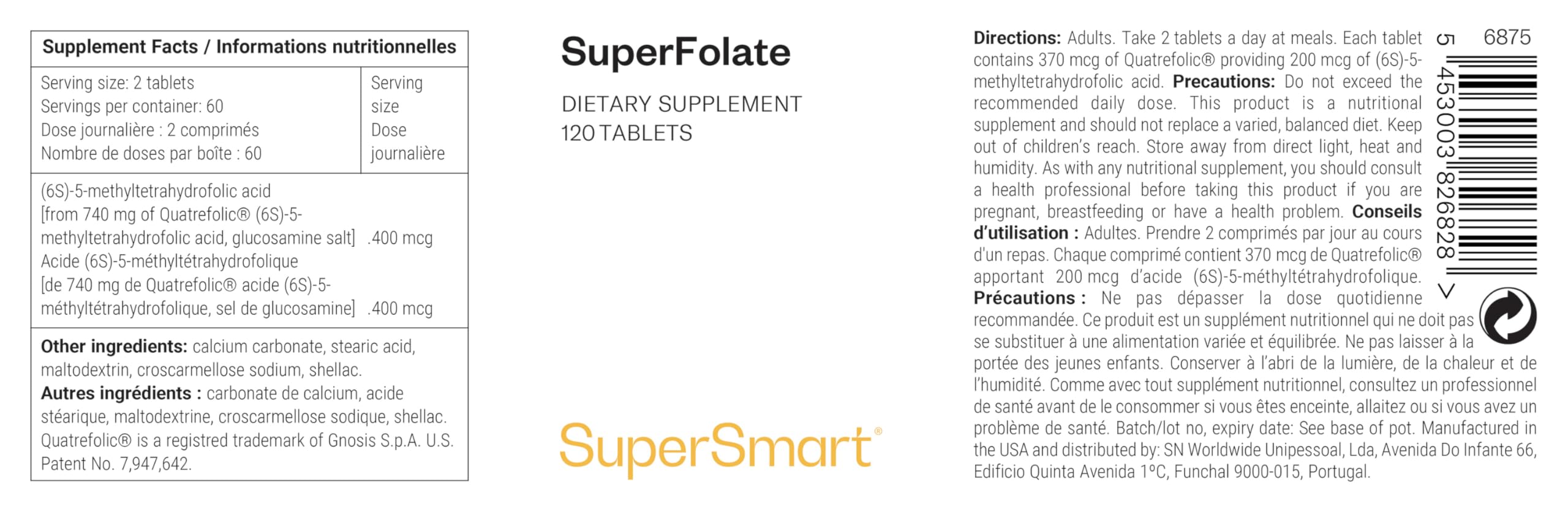 SuperFolate (Quatrefolic®) - Acide Folique (Vitamine B9) - Contribue à Réduire la Fatigue et à Soutenir la Fonction Psychologique - Élu «Produit de l’année» au NutraIngredients Award 2016 - Supersmart