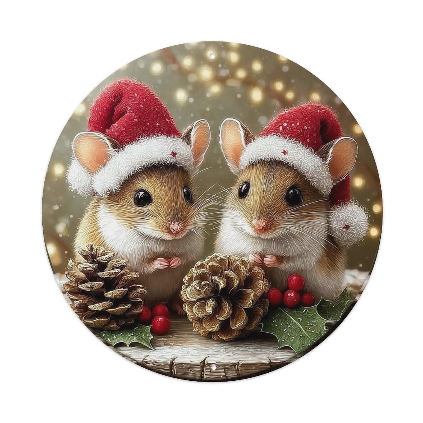 Christmas Mice Pinecones Holly Berries Round Tin Sign Retro Metal Sign for Cafe Bar Pub Home Game Room Gym Club Wall Decoration Vintage Metal Poster 8x8 Inch