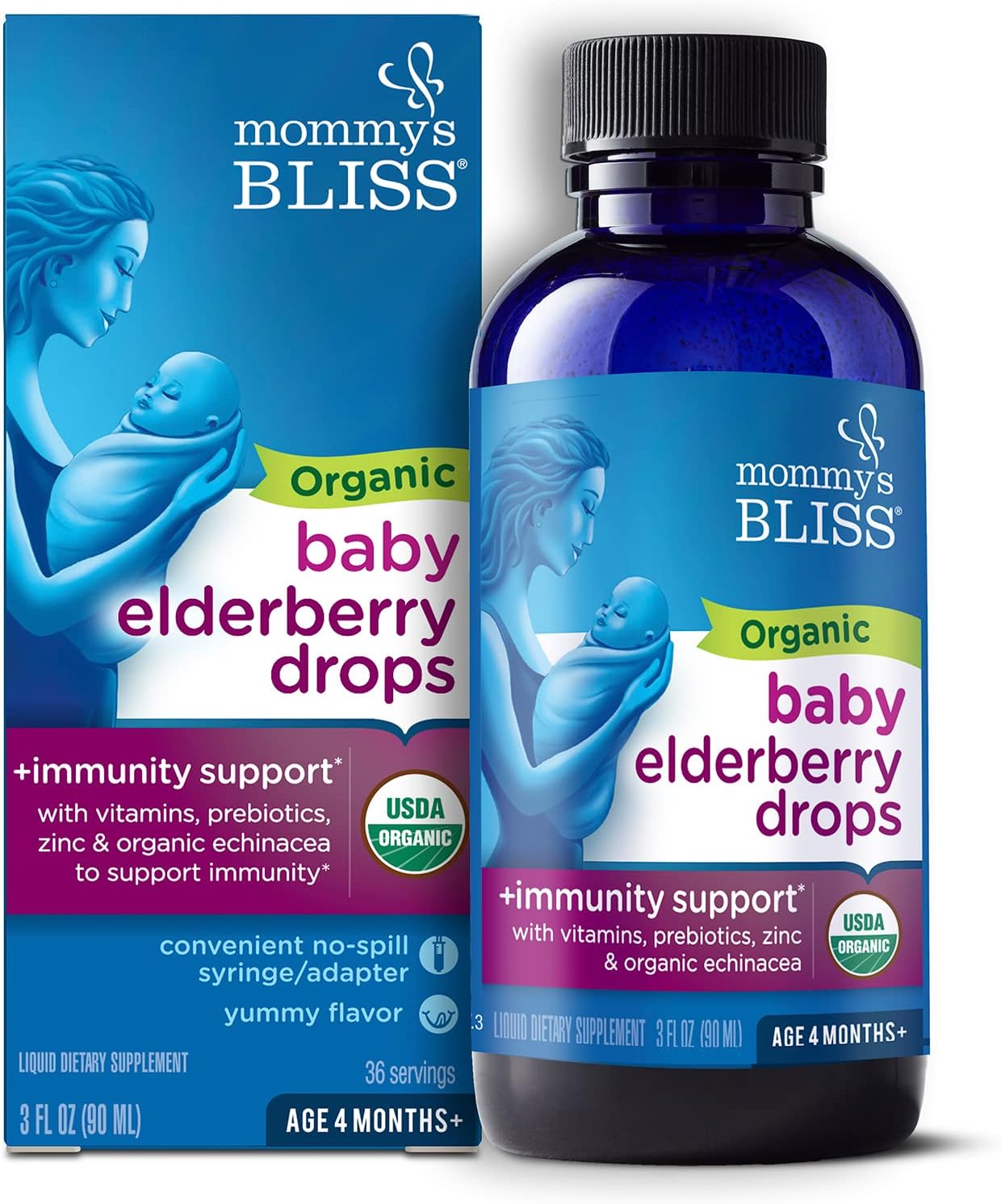 Organic Baby Elderberry Drops, Immune Support with Vitamins, Prebiotics, Zinc & Organic Echinacea, Age 4 Months +, 3 Fl Oz (36 Servings)