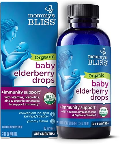 Mommy's Bliss Gotas de saúco orgánico para bebé, apoyo inmunológico con vitaminas, prebióticos, zinc y equinácea orgánica, para niños mayores de 4