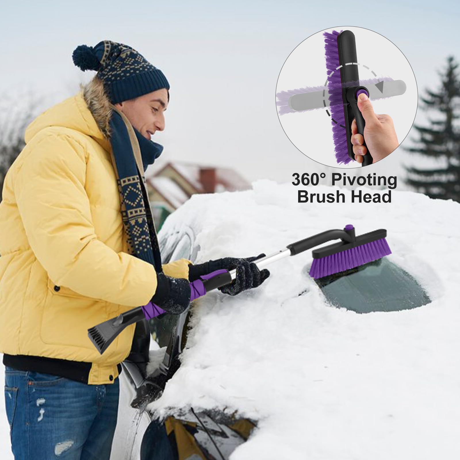 Odoland Ensemble de Grattoirs à Neige Détachable et Rétractable pour Auto, 2 en 1 Grattoirs à Glace et Brosse à Neige Pivotante à 360°, Extensible de 66cm à 84cm, Outil de Déneigement pour Voiture