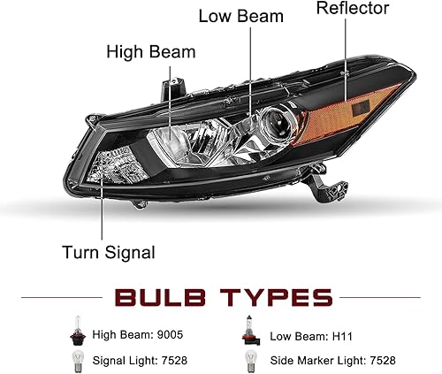 Miniatura 2 de JSBOYAT Par de montaje de faros delanteros para Honda Accord Coupe 2008-2012 de 2 puertas tipo halógeno OEM proyector delantero negro esquina ámbar