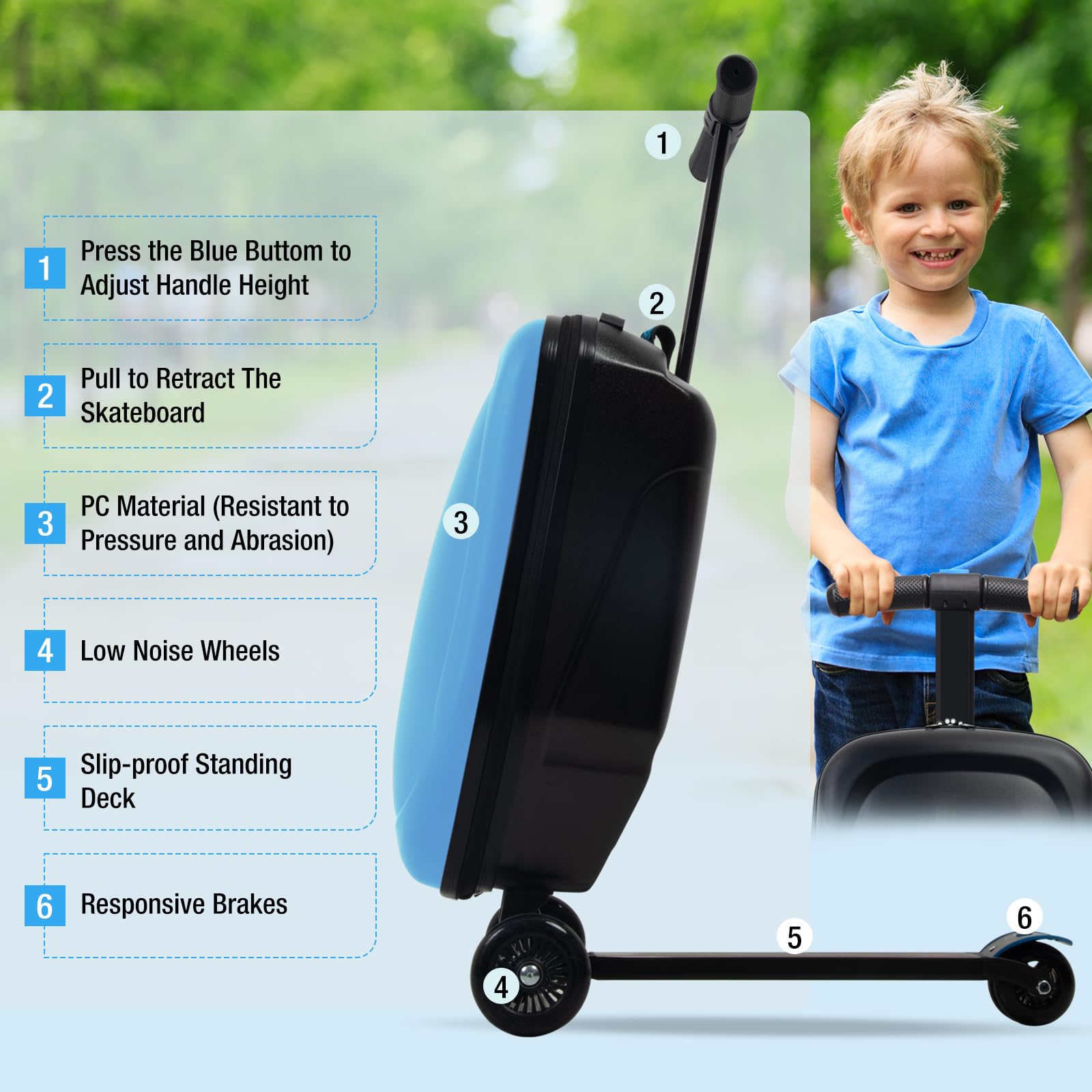 Equipaje para scooter, 2 en 1, plegable, rígido, para patinete de 4 a 15 años, equipaje ligero multifuncional, Azul (New Blue), Patinete multifuncional para viaje