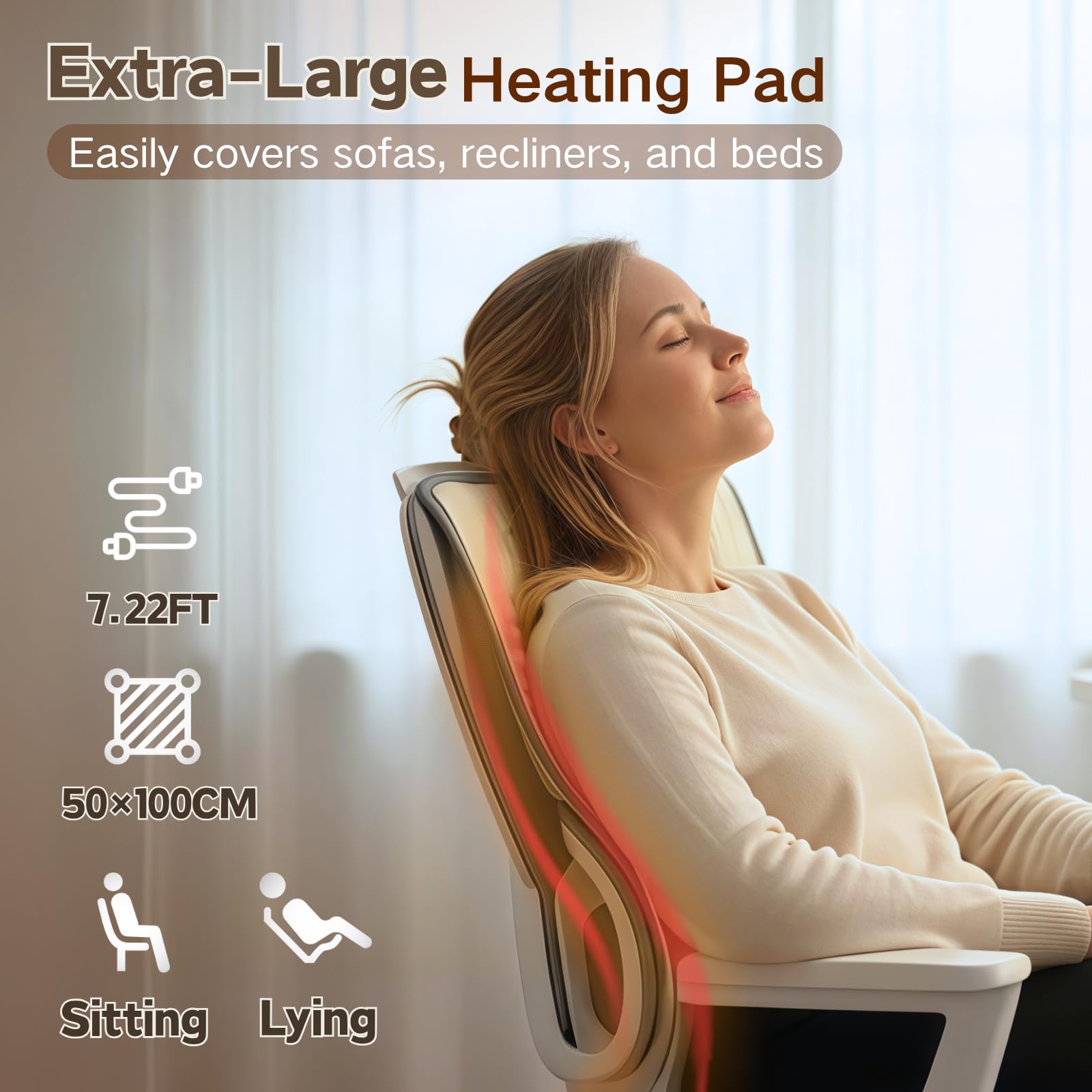Extra Großes Heizkissen 100x50cm XXL - Elektrische Wärmematte mit 10 Temperaturstufen & Timer, Weicher Flanell für Rücken Schulter Nacken, Abschaltautomatik & Waschbar