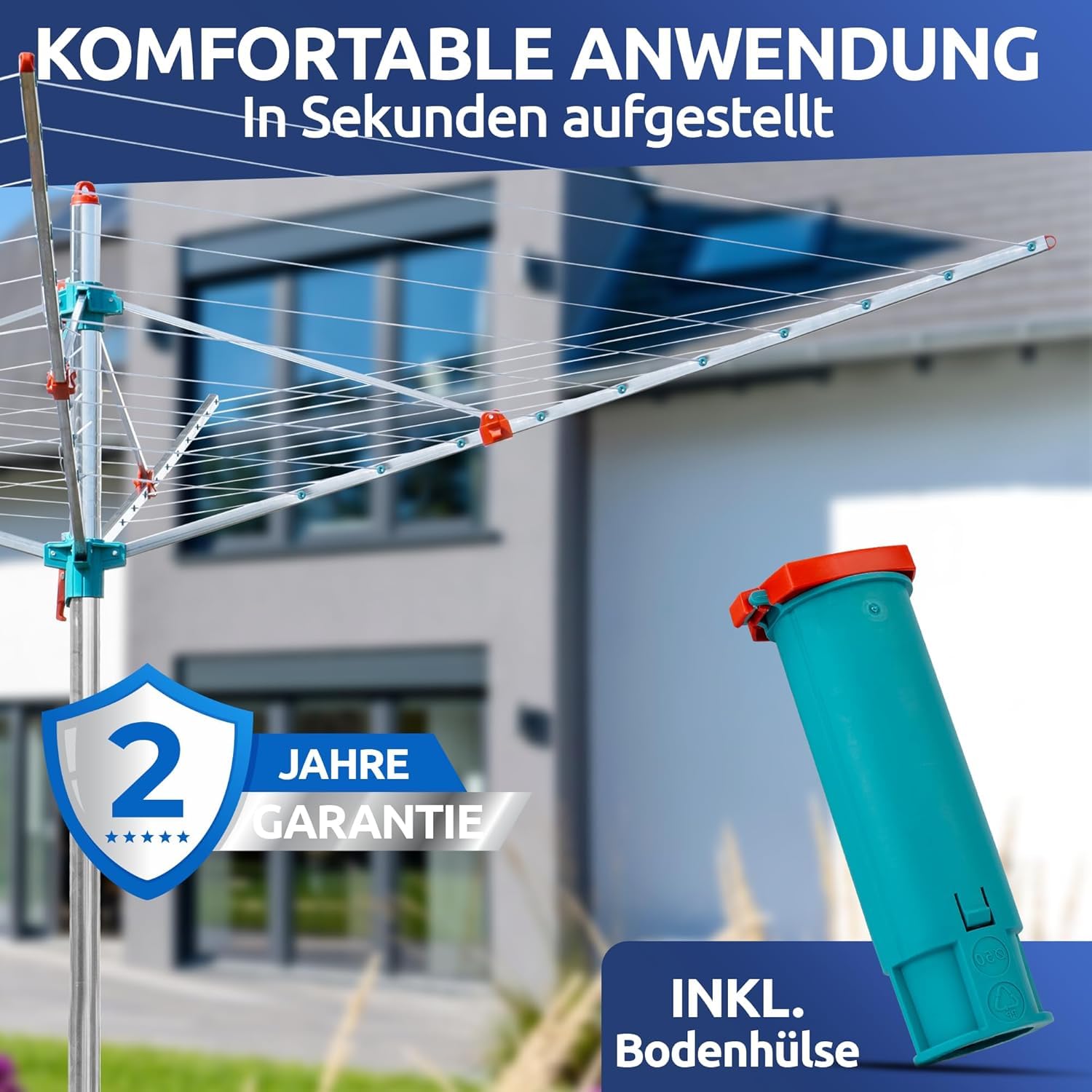 STAHLMANN® Wäschespinne draußen [Made IN Germany ] - Wäschespinne[47 M Leinenlänge] inkl. Bodenhülsen mit Deckel - höhenverstellbareWäschespinne aus hochwertigem Aluminium