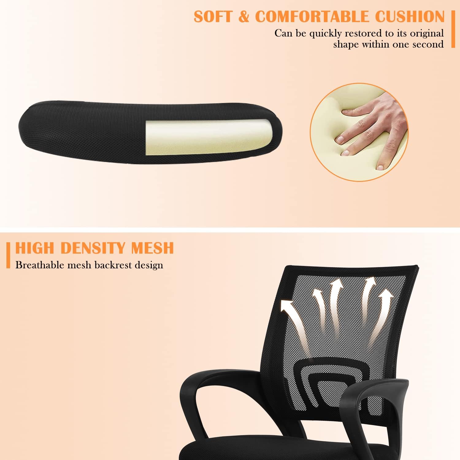 Mesh Office Chair, Mid-Back Computer Chair, Ergonomic Office Chair with Wheels & Lumbar Support, Adjustable Rolling Swivel Office Chairs, Black