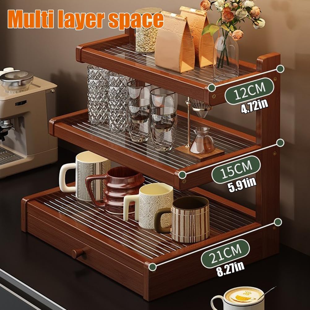 Mug Holder Countertop with Drawer, Wooden Coffee Mug Rack for Coffee Station Organizer Mug Shelf for Cabinet for Kitchen, Home,3tier