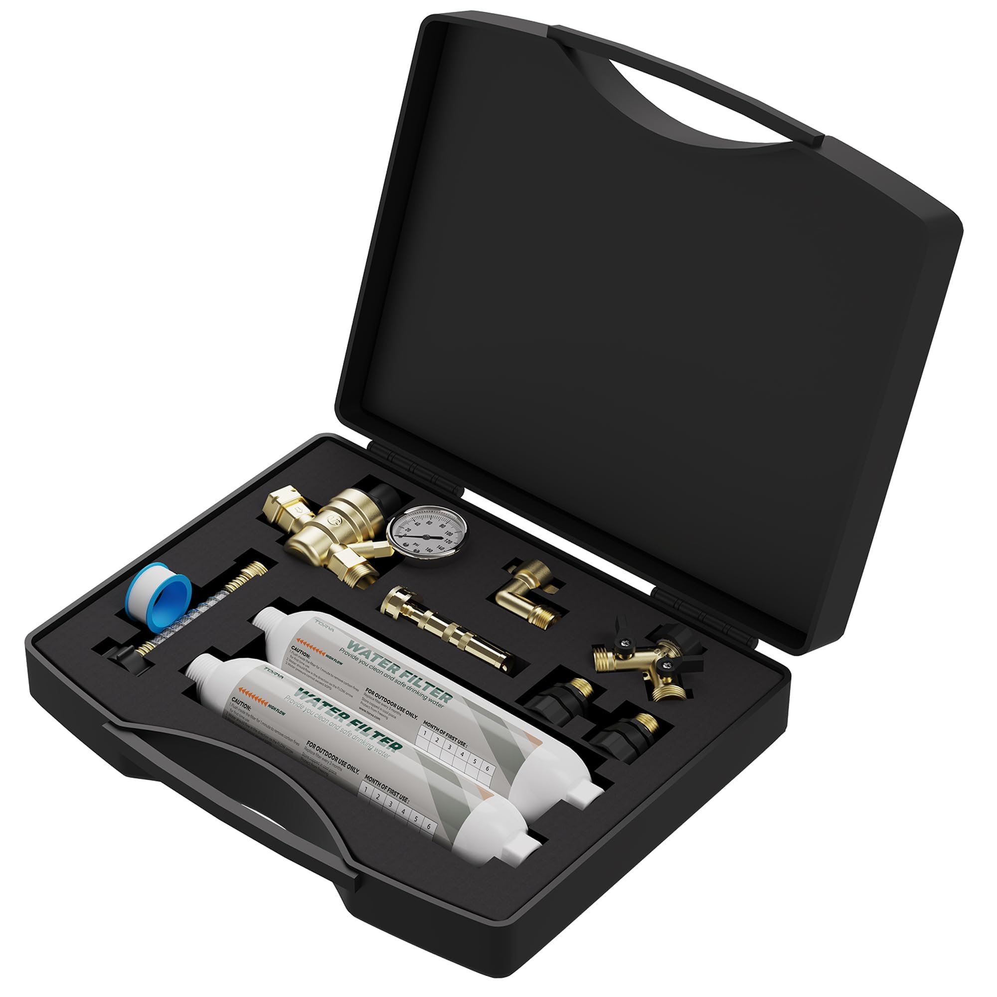 TORVA Mangueras de agua y accesorios para camping, kit de agua dulce todo en uno, sin BPA, incluye cartucho de filtro de agua para caravana, divisor de manguera y conectores, accesorios esenciales