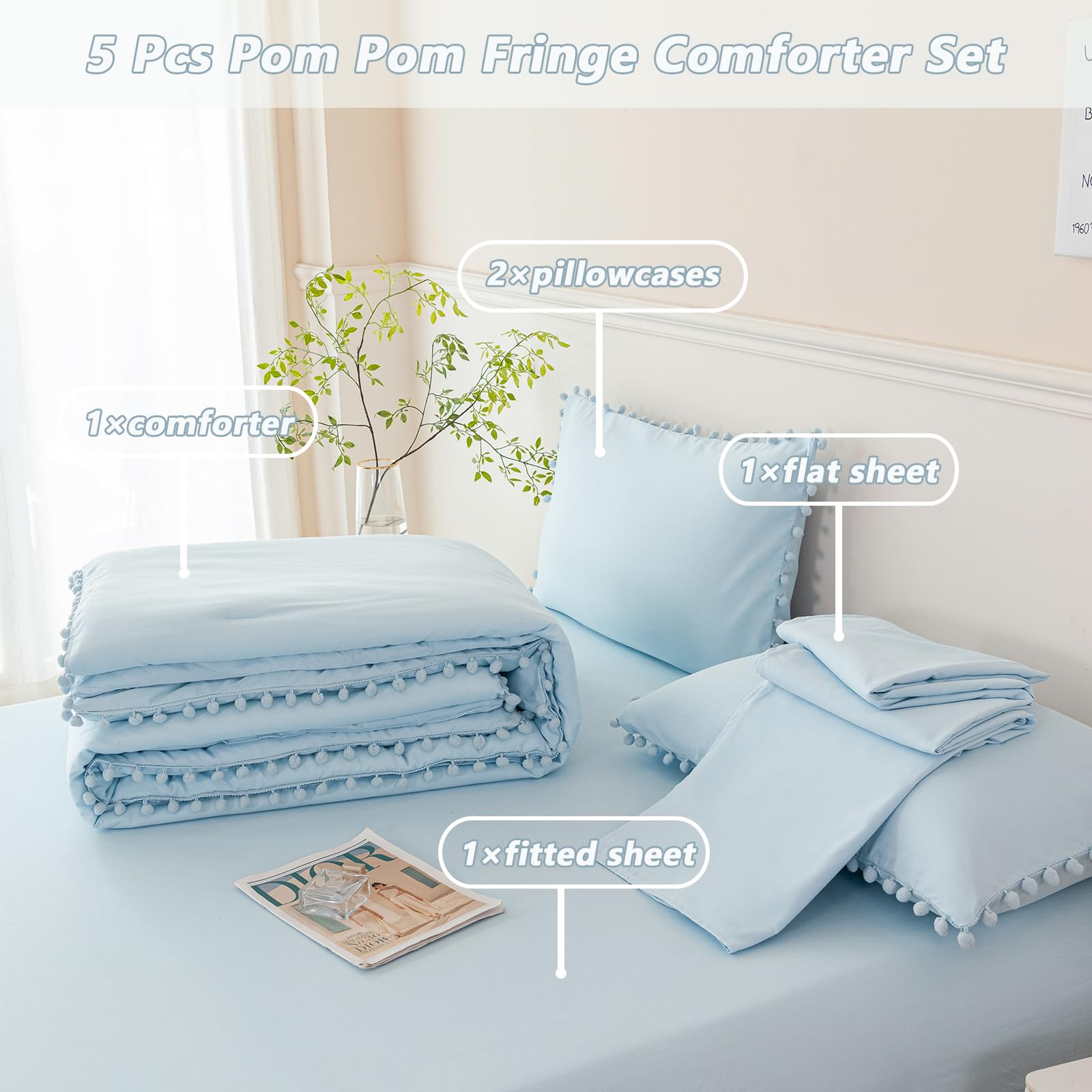 PERFEMET Set Biancheria Da Letto Queen Size Con Pompon – 5 Pezzi Rosa, Morbido Microfibra, Lenzuola E Piumino Per Ragazze - 3