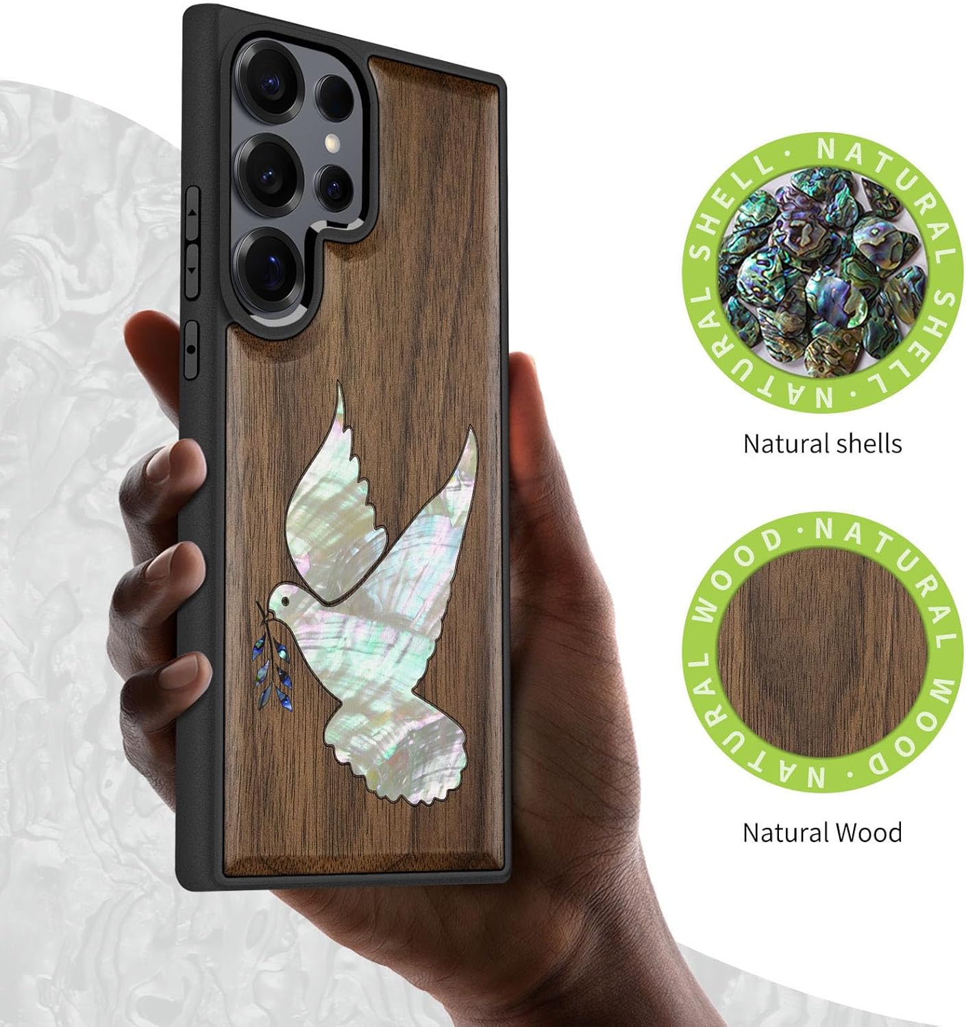 Carveit Magnetic Wooden Case for Samsung Galaxy S25 Ultra Case, Wood Artisan Engraved & Handmade Shell Inlaid, Compatible with MagSafe Wireless Chargers (White-Dove) Walnut