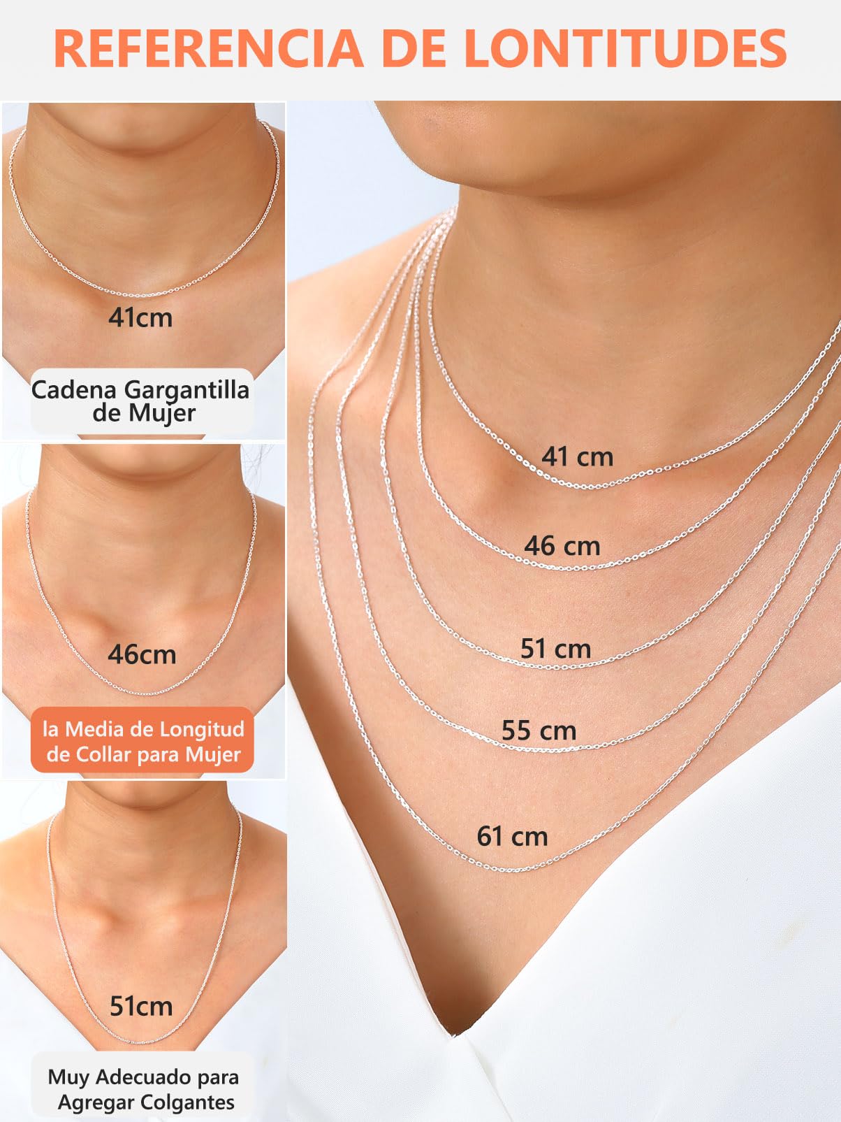 Silvora Collar Plata 925 Mujer Cadena Fina 1,1/1,5mm Apilable con Colgante