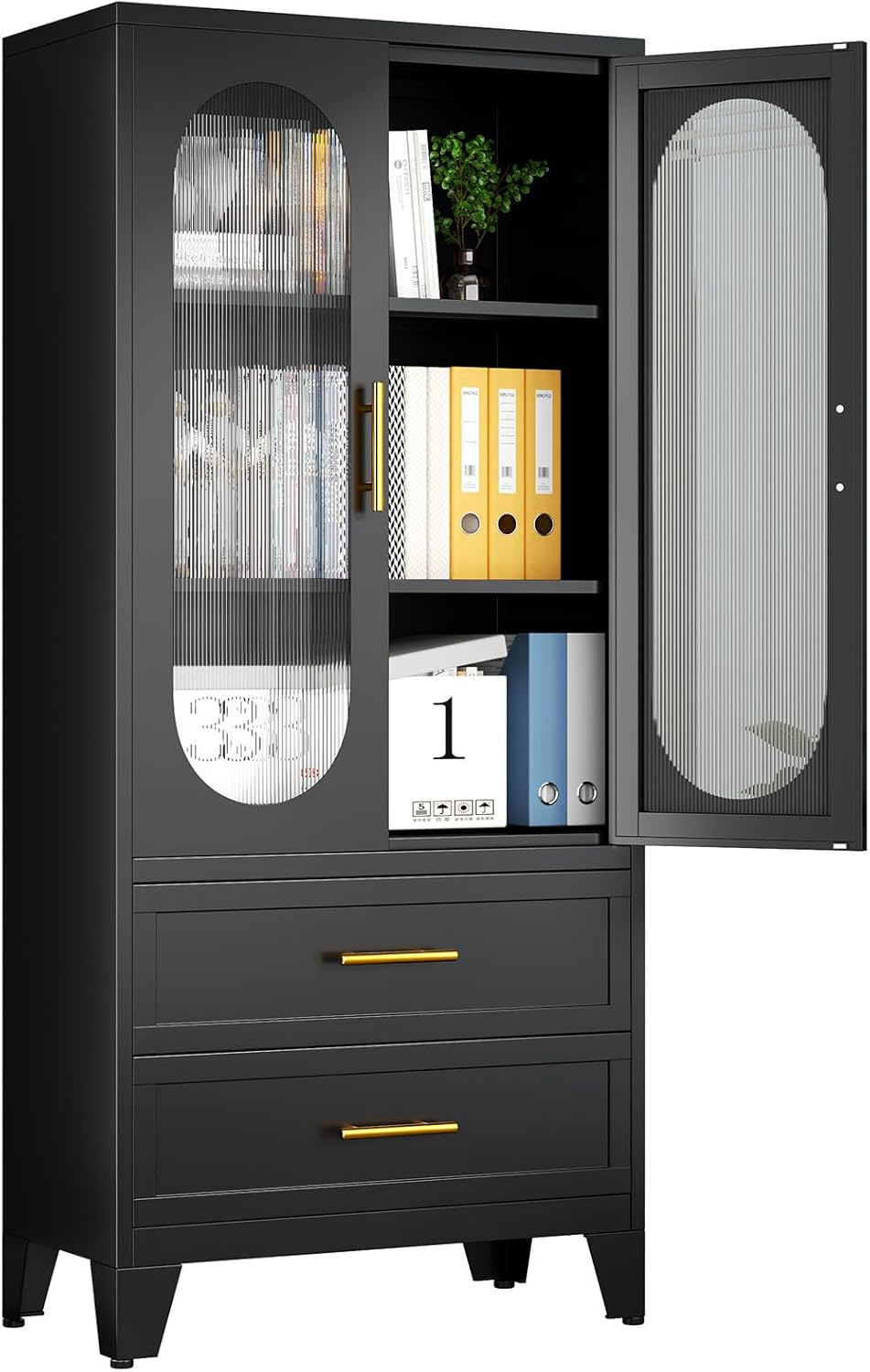 Black Metal Storage Cabinet, Acrylic Glass Display Cabinet with Doors and 2 Adjustable Shelves, Kitchen Pantry Cabinet with 2 Drawers, Floor Office Locker for Kitchen, Living Room, Home Office