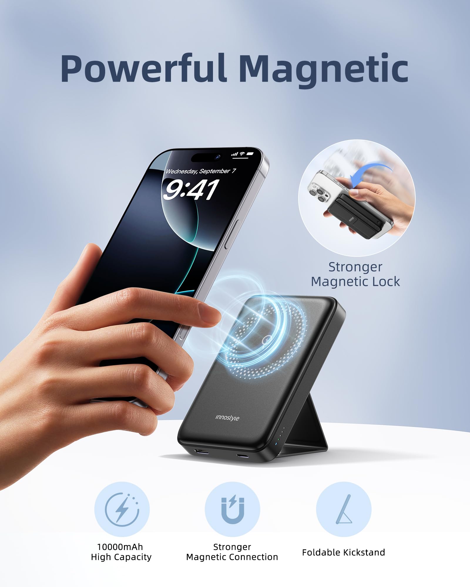 Innostyle Magnetic Wireless Charger, 10000mAh Portable Power Bank with Foldable Stand, Slim Battery Pack, Fast Charging