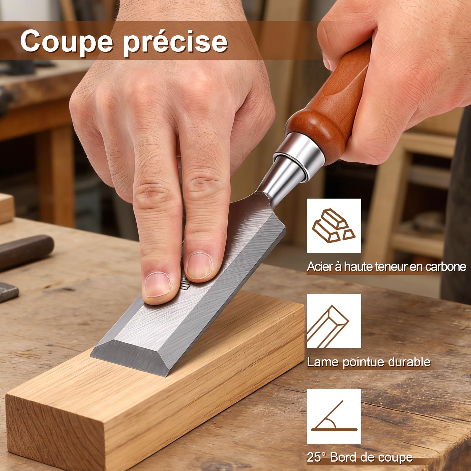 Yosoo Health Gear Jeu de Ciseaux à Bois 1/4-2 Pouces, Ciseaux à Bois avec Guide D'affûtage, Pierre à Aiguiser pour le Travail du