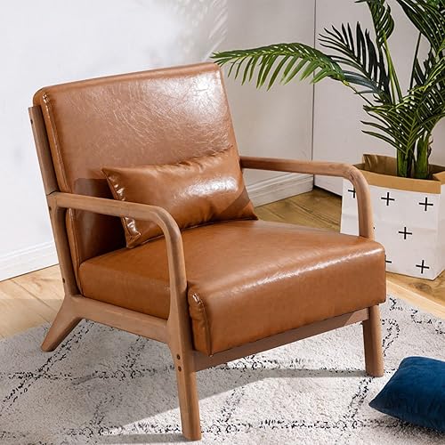 Miniatura 37 de INZOY - Sillón decorativo de mediados de siglo con estructura de madera, tapizados, para sala de estar, con cojín para la cintura, sillón de lectura