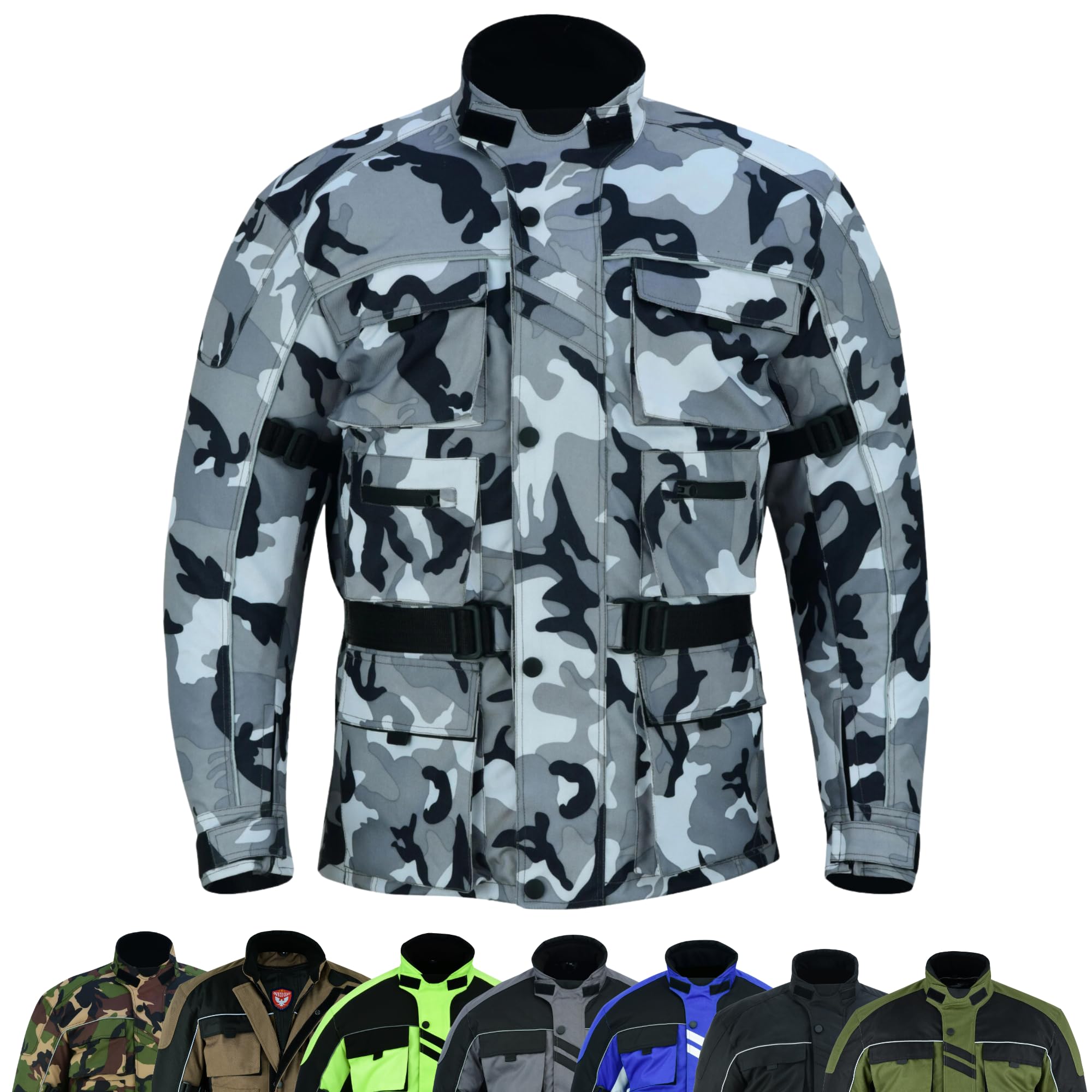 warrior gears 6 Pockets Mens Motorcycle Jacket, Textile Racing Motorbike Jacket, Hi-Vis Biker CE Protective Armored Jackets Mens Waterproof & Mesh Lining Breathable, Camo Silver Grey - 5X-Large