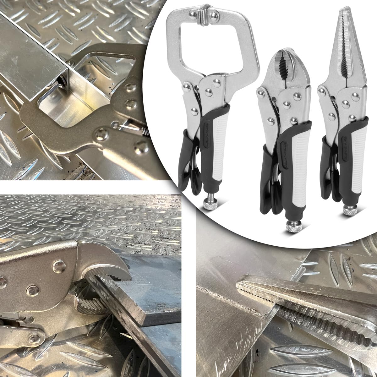 STAHLWERK Gripzangen Set 6-teilig Klemmbereich einstellbar – Langbeck-Gripzangen 165/241 mm mit gebogenen Backen 127/178/254 mm, C-Klemme 152mm, Ergonomische TPR Griffe