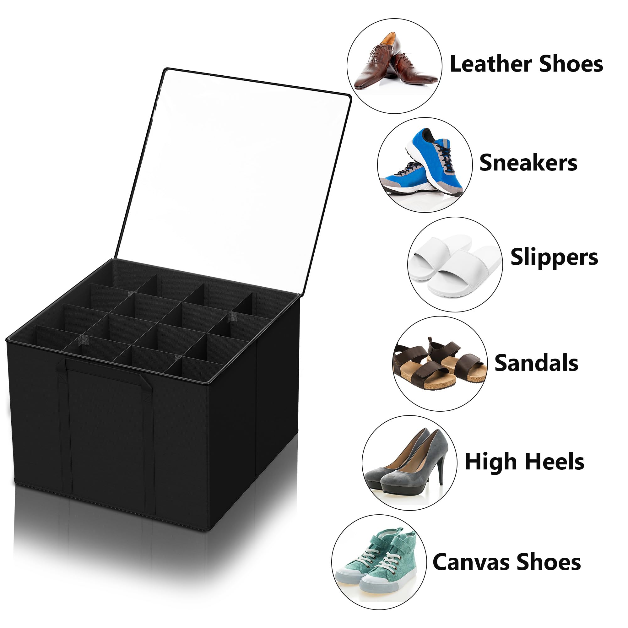 SUOCO Confezione da 2 organizer per scarpe per armadio, può contenere fino a 32 paia, piccoli contenitori per scarpe con divisori regolabili e coperchio trasparente, nero