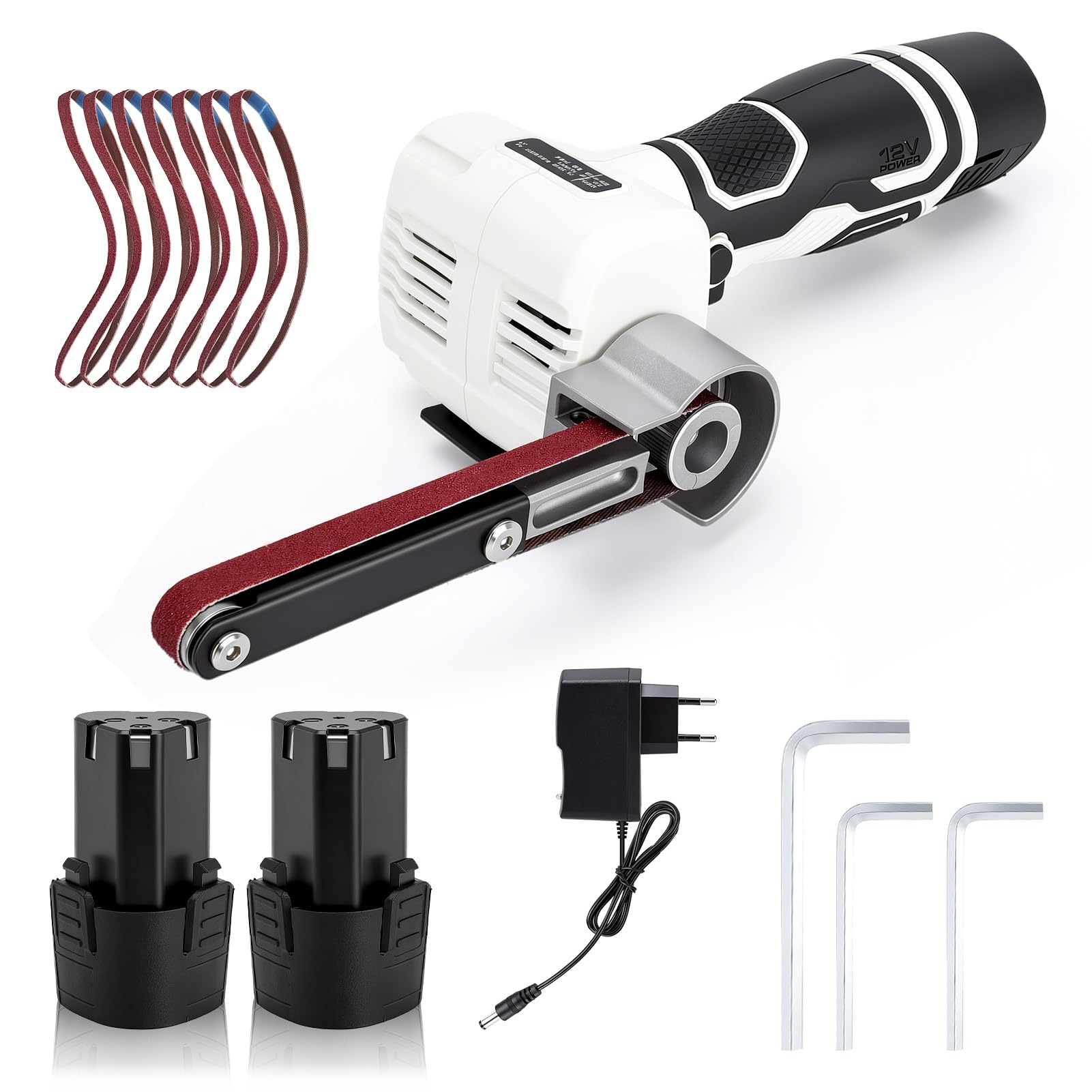 Akku-Bandschleifer, 12 V Lithium-Akku, 7000 U/min, 10 Schleifbänder (80-320 Körnung), Leistungsstarker Motor für Holz, Metall und gebogene Flächen, 2 Stunden Laufzeit, Schnellladung Weiß