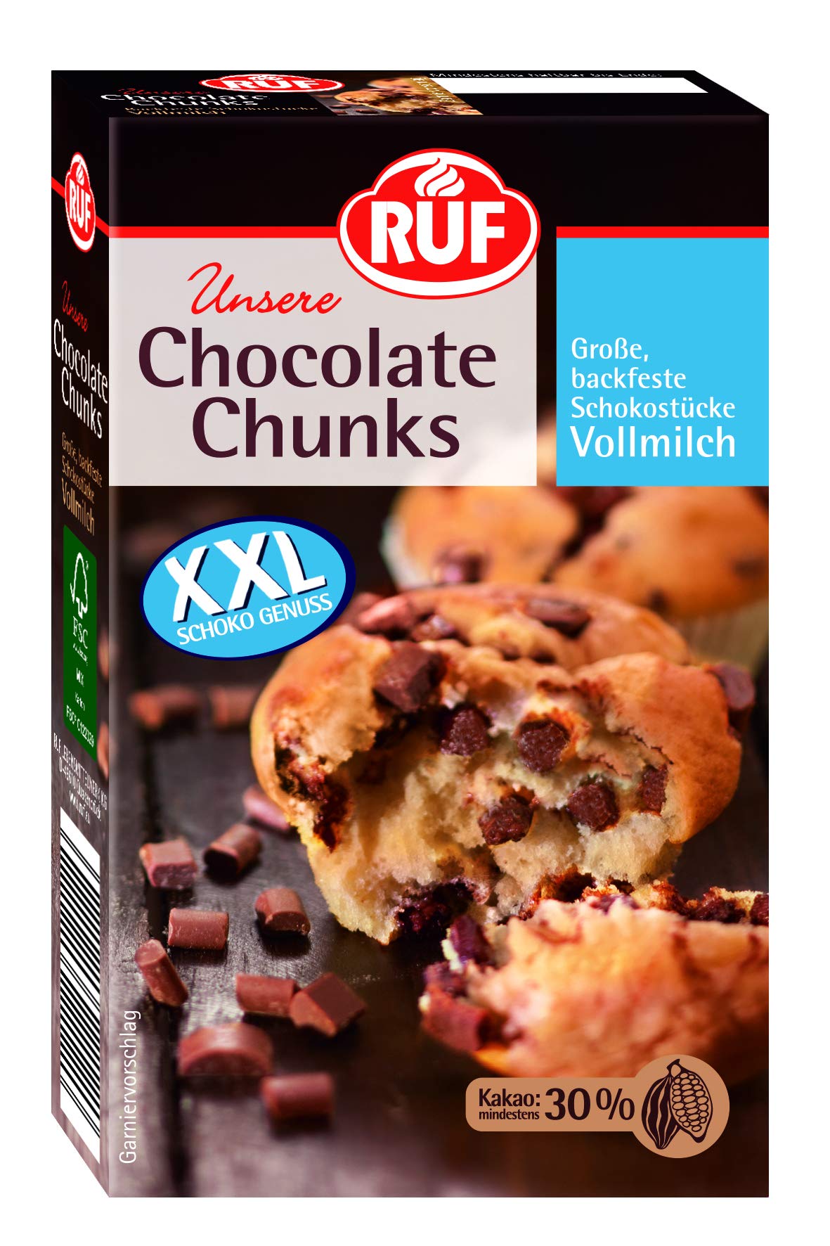 RUF Chocolate Chunks Vollmilch, backfeste Schokoladen-Tropfen, XXL Schoko-Drops zum Backen, Schoko-Stücke für Muffins & Brownies, glutenfrei, 1 x 100g
