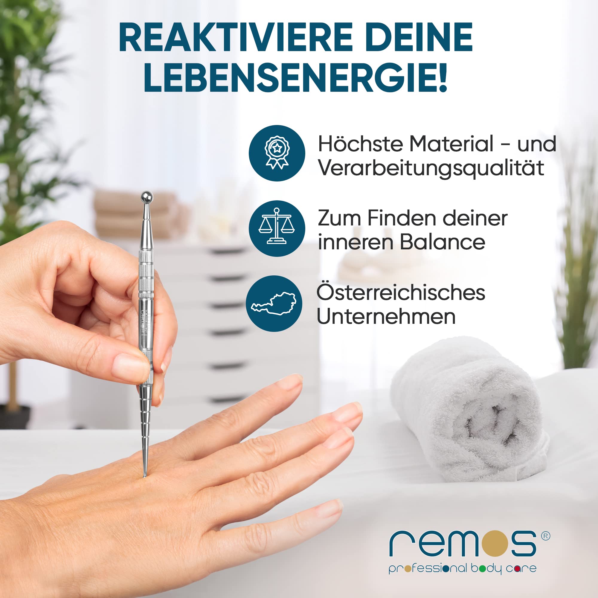 REMOS sztyft do akupresury i meridian, stal szlachetna, długość 13 cm, średnica kulki 2/4,5 mm