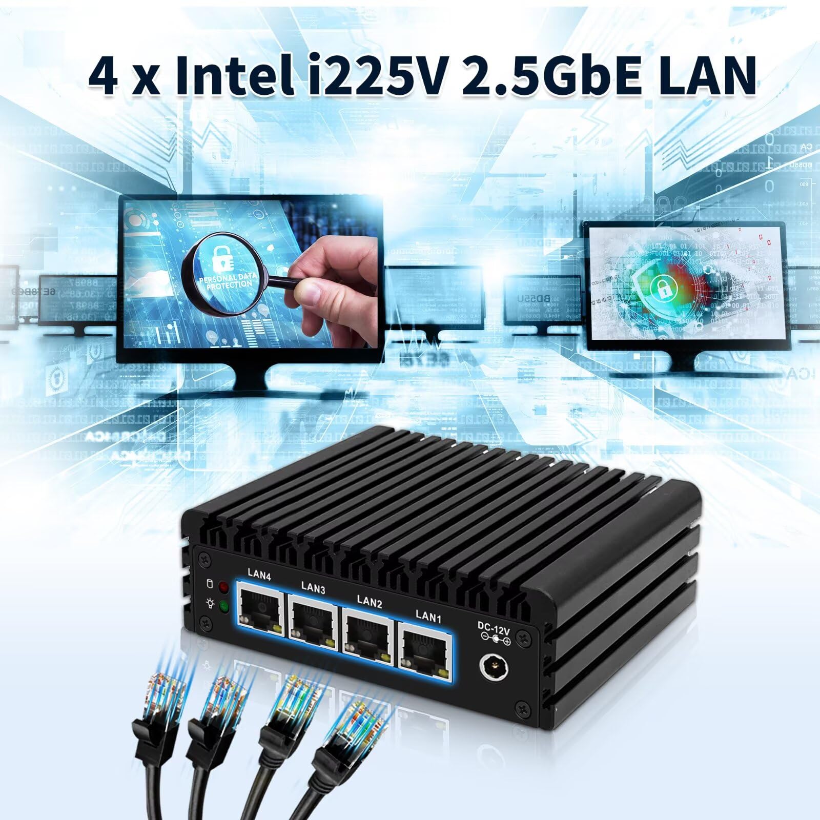 Glovary Firewall Mini PC J3710 Quad Core, 4 x i225V 2.5GbE LAN Fanless OPNsense Appliance, 8GB RAM 128GB SSD, F3 Micro Router Computer Hardware, AES-NI, HD+DP Dual Display, Console, 2USB3.0, SPK/MIC — view 6