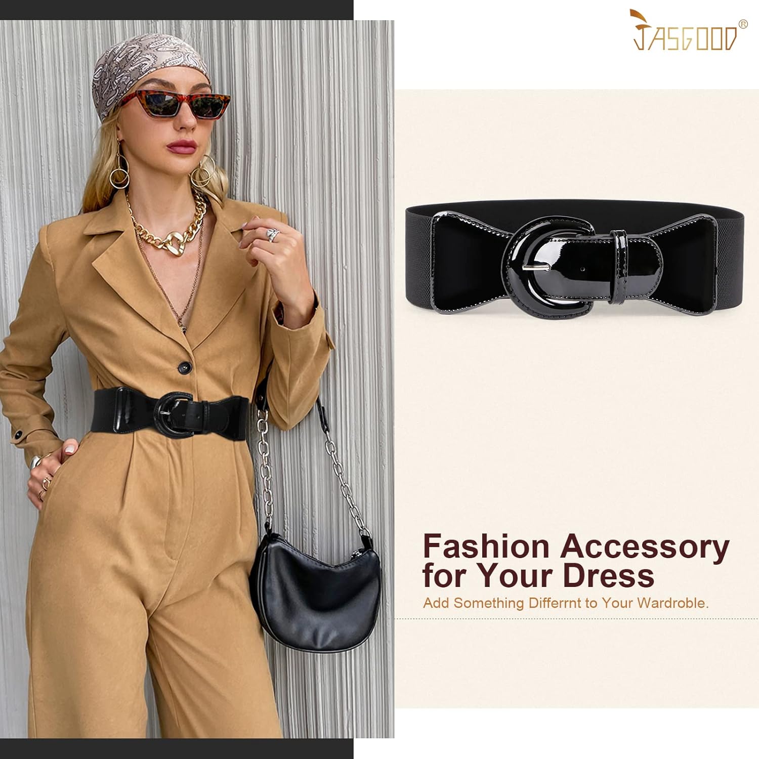 JASGOOD Women Wide Stretch Belt,Vintage Chunky Buckle Elastic Waist Belts Patent Leather Belt 50s Belt for Dress - Image 2
