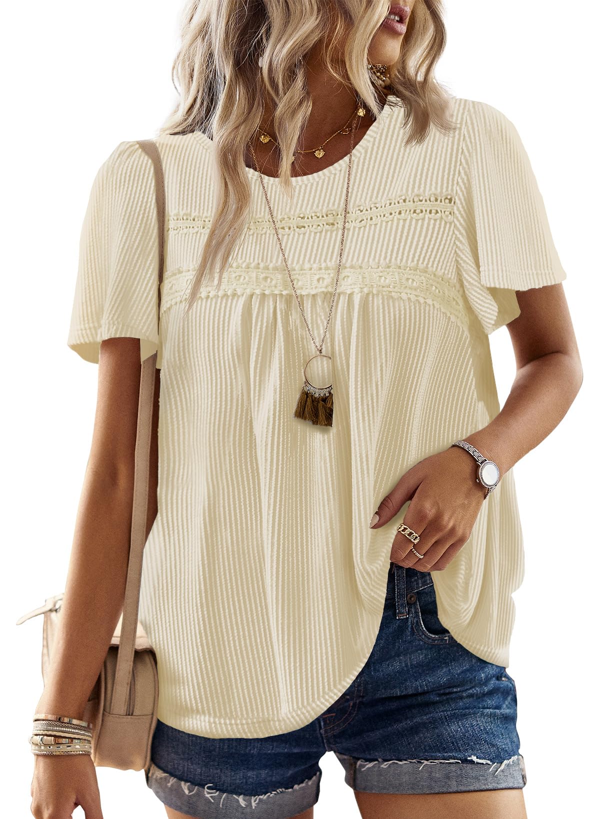 Womens Tops Boho Ribbed Flowy Stretchy Crochet Short Sleeve Shirts