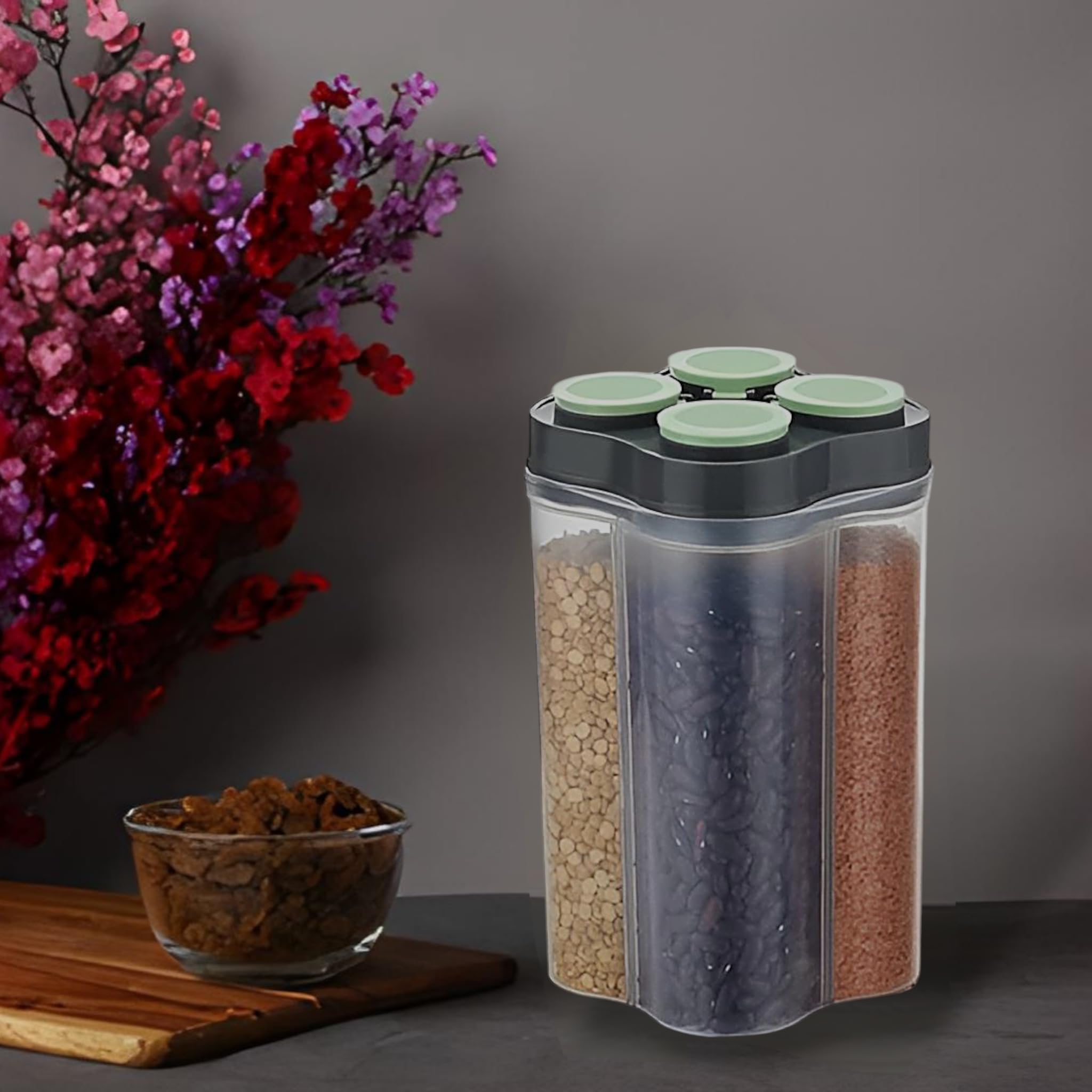 Air Tight Containers For Kitchen Storage Transparent Multipurpose Jar for Grocery Fridge Container Kitchen Pantry Organizer Box 4 Section Detachable Partition Plastic Jar (Light Green, 2 Pack) 4