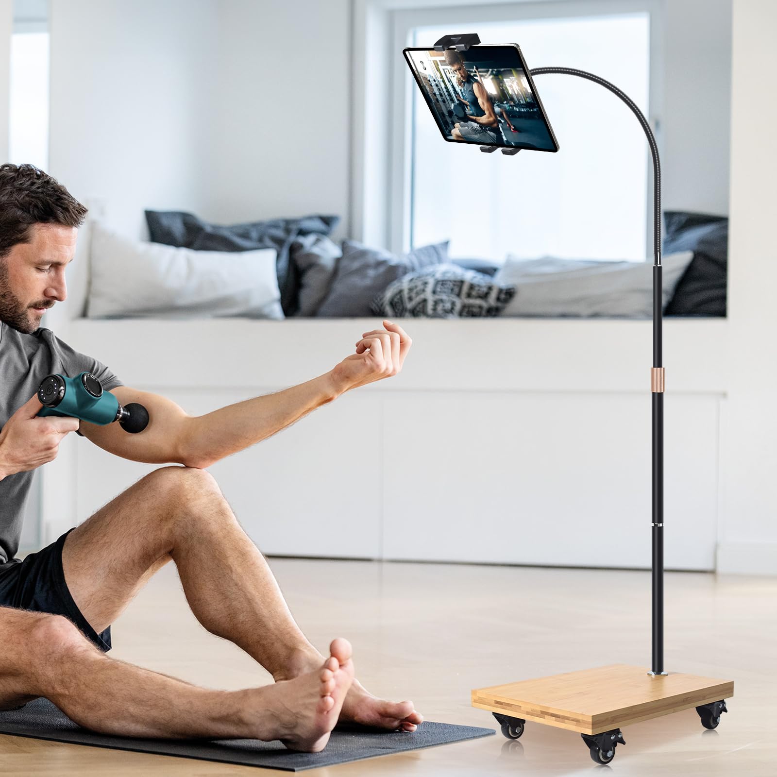wishacc Tablet-Bodenständer mit Verstellbarer Schwanenhals-Halterung, Drehgelenk und Rollen für Nachttisch, kompatibel mit iPad, Galaxy Tab, Kindle und Handys