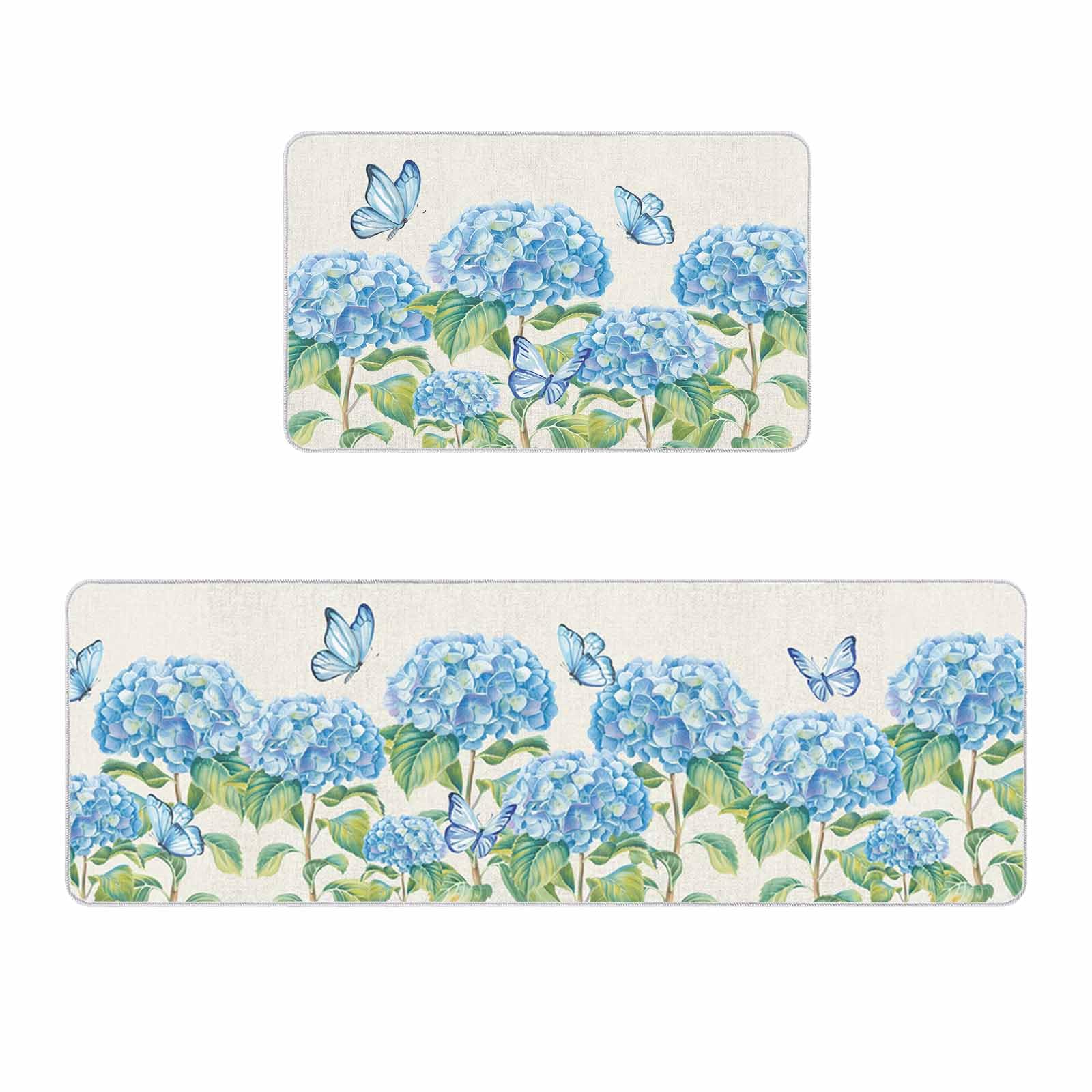 Hydrangea Flower Kitchen Mat Set of 2,Kitchen Rugs and Mats for Floor,Absorbent Bath Runner Rug Set Washable Floor Mats for Entrance/Kitchen/Bathroom