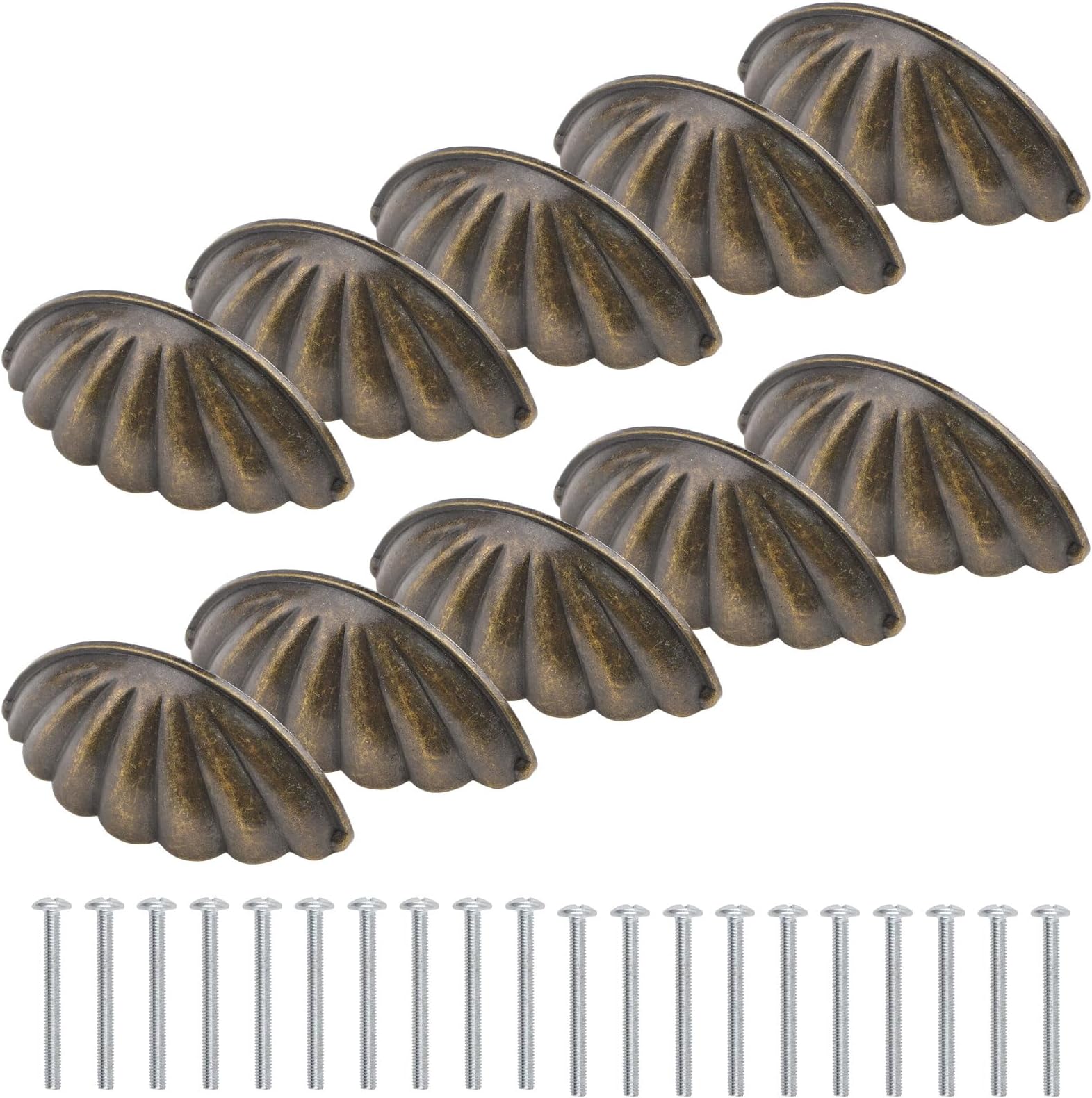 MOROBOR 10PCS Antique Brass Cabinet Cup Pulls 2.52" Hole Center Vintage Drawer Pulls Retro Shell Shape Kitchen Hardware for Cabinet Dresser Doors