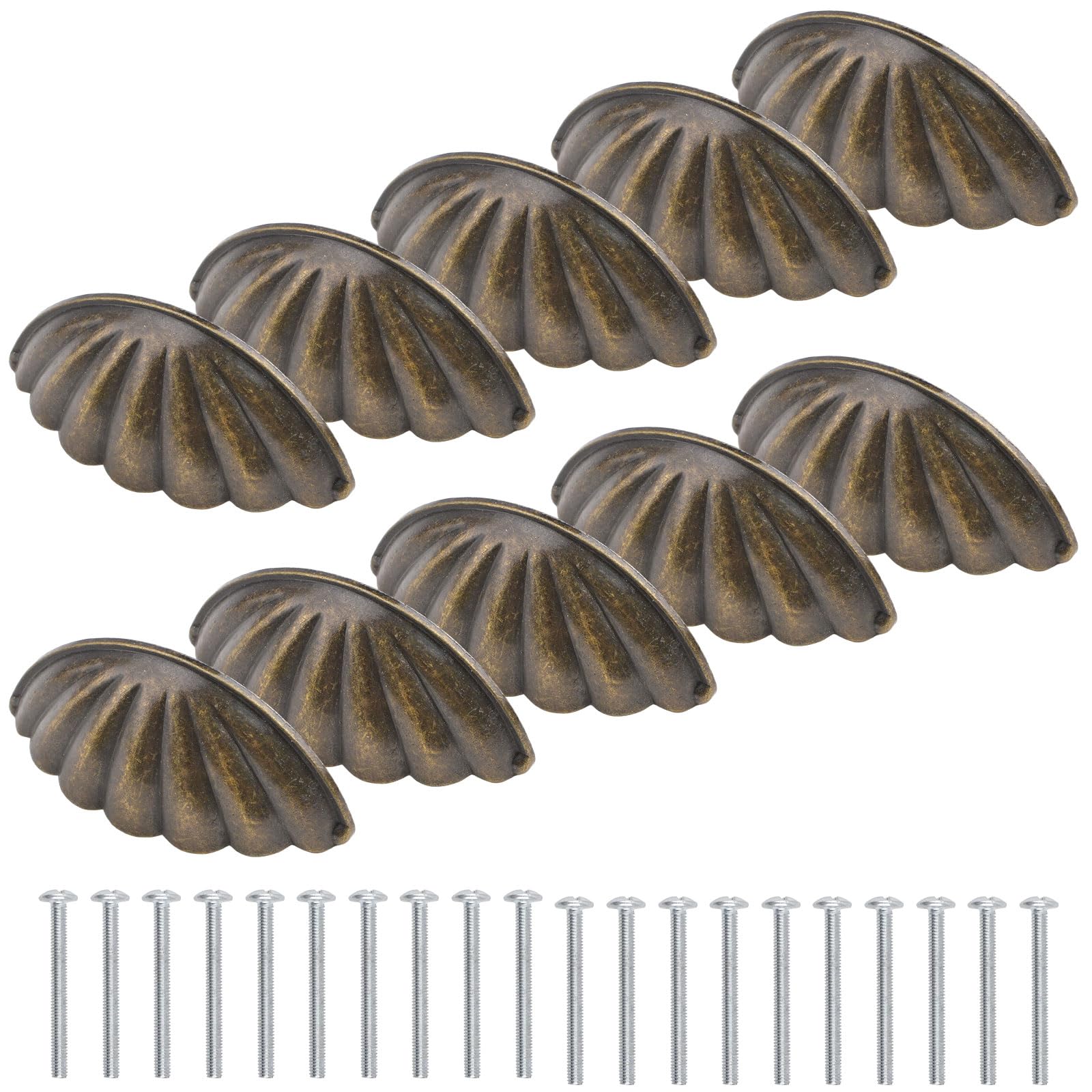 MOROBOR 10PCS Antique Brass Cabinet Cup Pulls 2.52" Hole Center Vintage Drawer Pulls Retro Shell Shape Kitchen Hardware for Cabinet Dresser Doors
