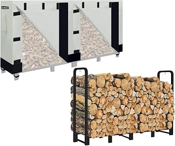 8ft Firewood Rack with Waterproof Wood Pile Cover for Outside, Log Rack with Khaki Cover for Firewood, Bright Black Wood Holder