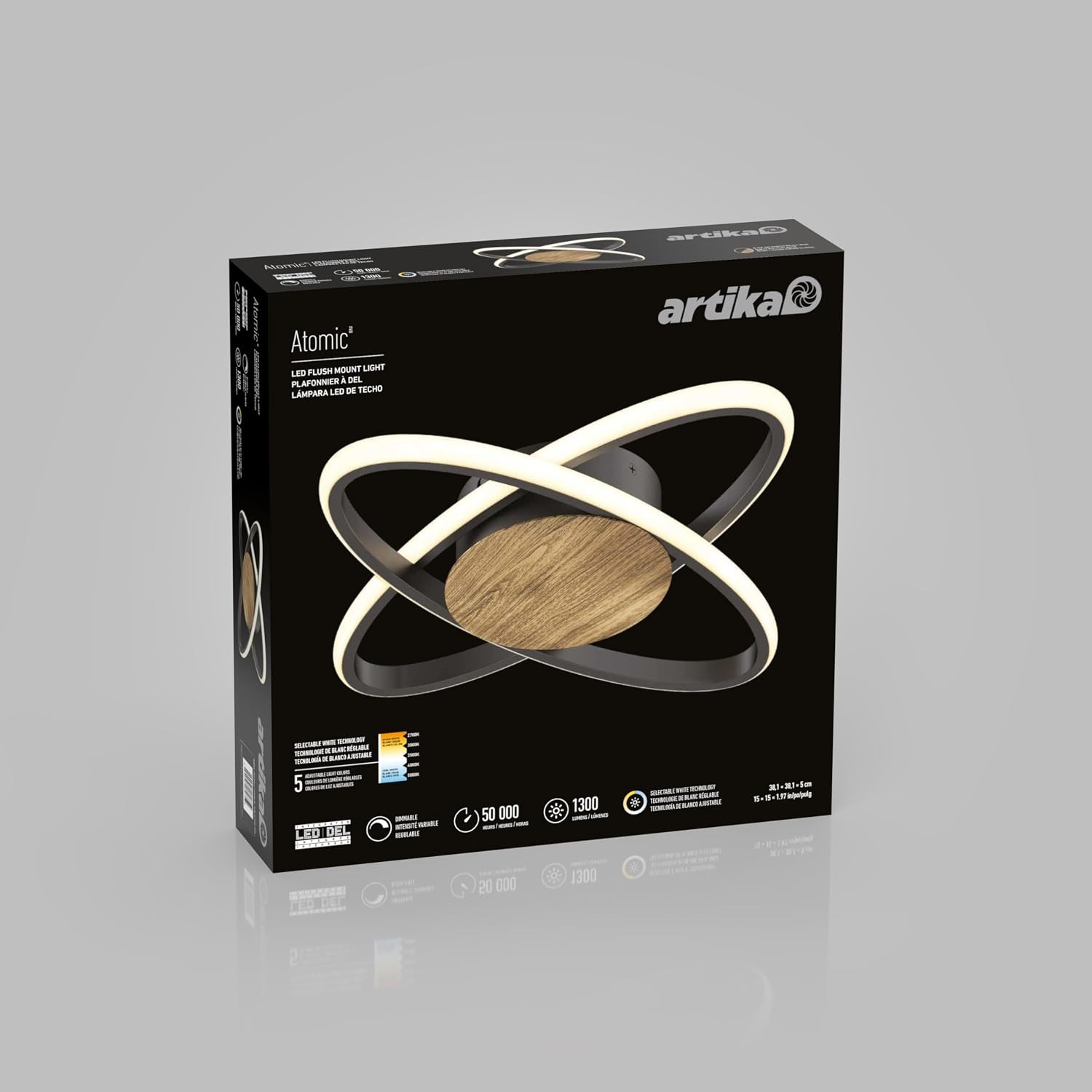 Artika Atomic LED Flush Mount Ceiling Light, 38 cm, Walnut and Black, Metal Frame, Modern Atomic Ring Design, 1300 Lumens, Indoor Damp Location