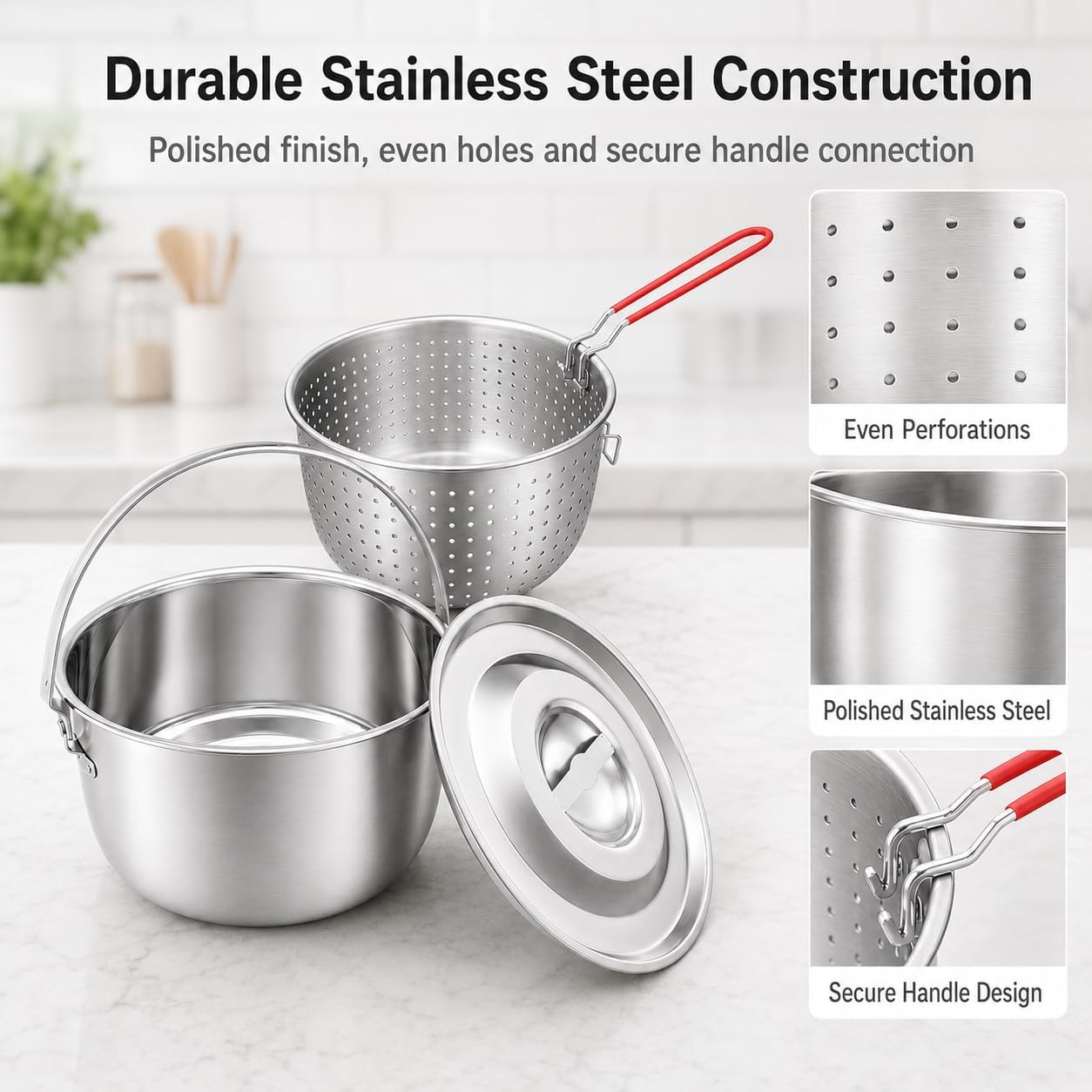 Stainless Steel Deep Fryer with Lid and Basket, 304 Stainless Steel Pot with Perforated Fry Basket, Detachable Handle for Easy Storage, 8.9 x 5.1 in Fry Pot for Home Kitchen Boiling ＆ Frying