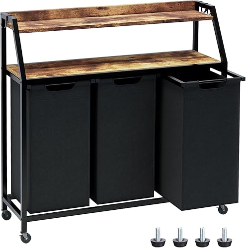 Cesto de lavandería, clasificador de ropa sucia de 3 secciones, cesta de lavandería con ruedas, 2 estantes, 3 x 14.5 galones, bolsas de tela Oxford